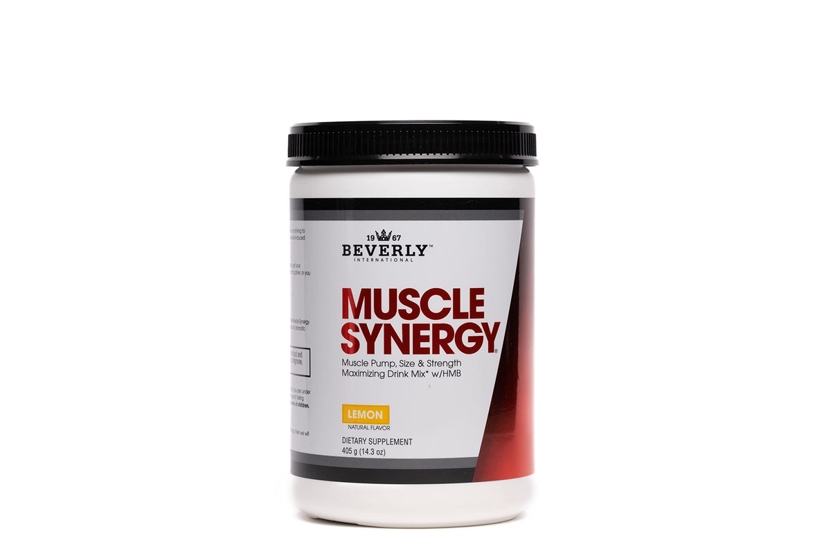 Beverly Muscle Synergy frontal mostrando el envase y sabor limón, ideal para complementar entrenamiento
