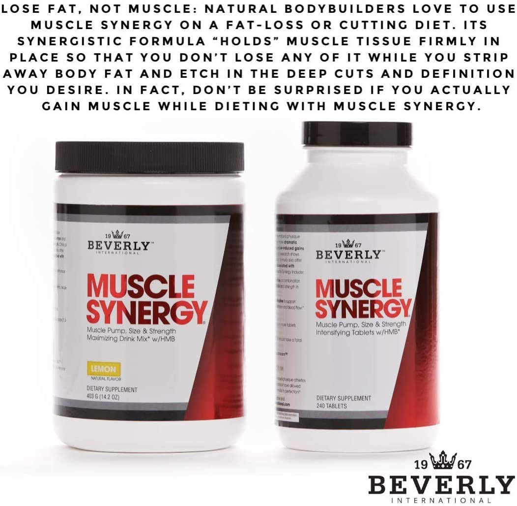 Beverly Muscle Synergy comparado con una mano para ver tamaño del envase y dosis práctica