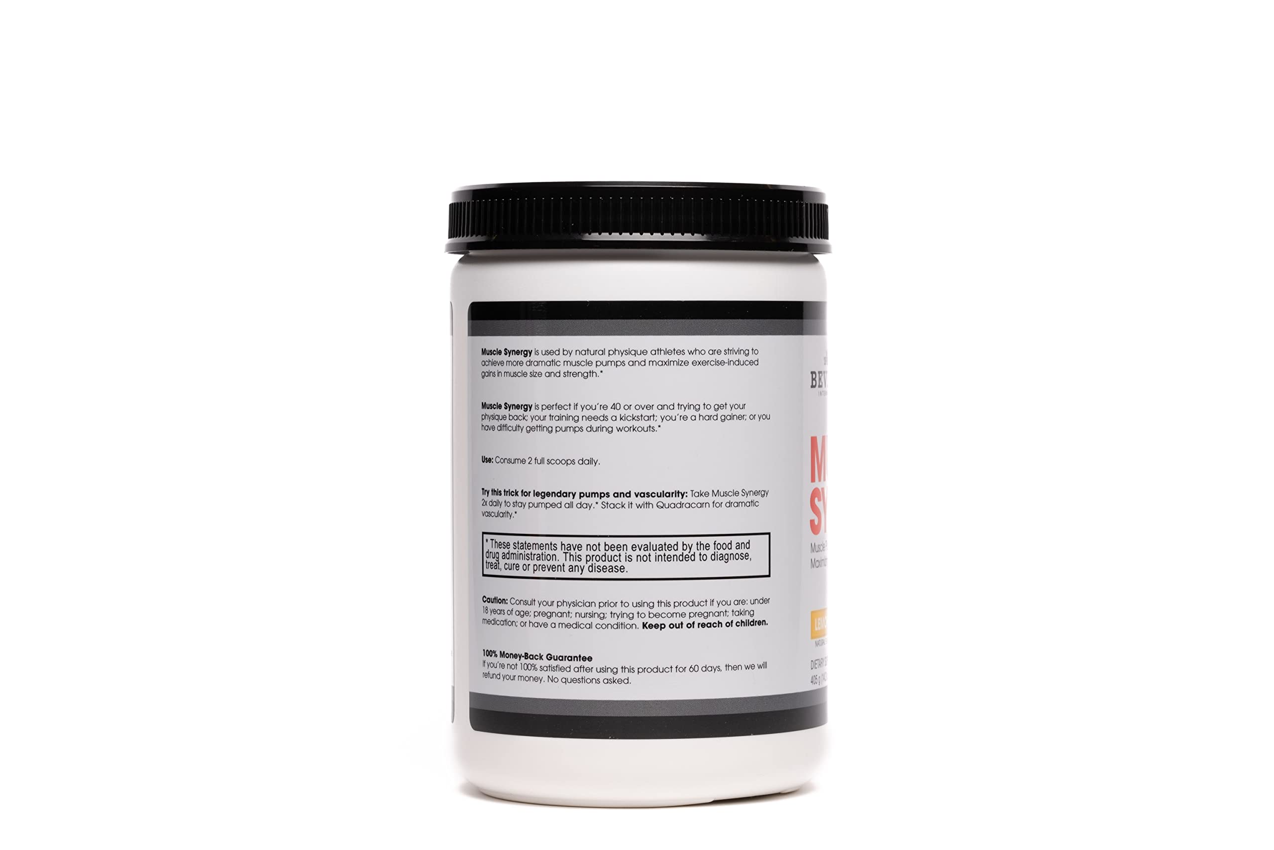 Beverly Muscle Synergy tarro abierto con polvo visible, muestra frescura y facilidad de preparación