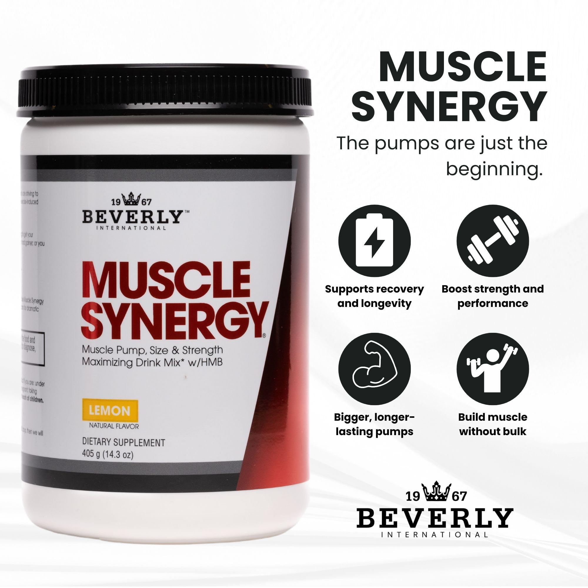 Beverly Muscle Synergy vaso preparado con bebida limón, listo para consumir antes o después del entrenamiento