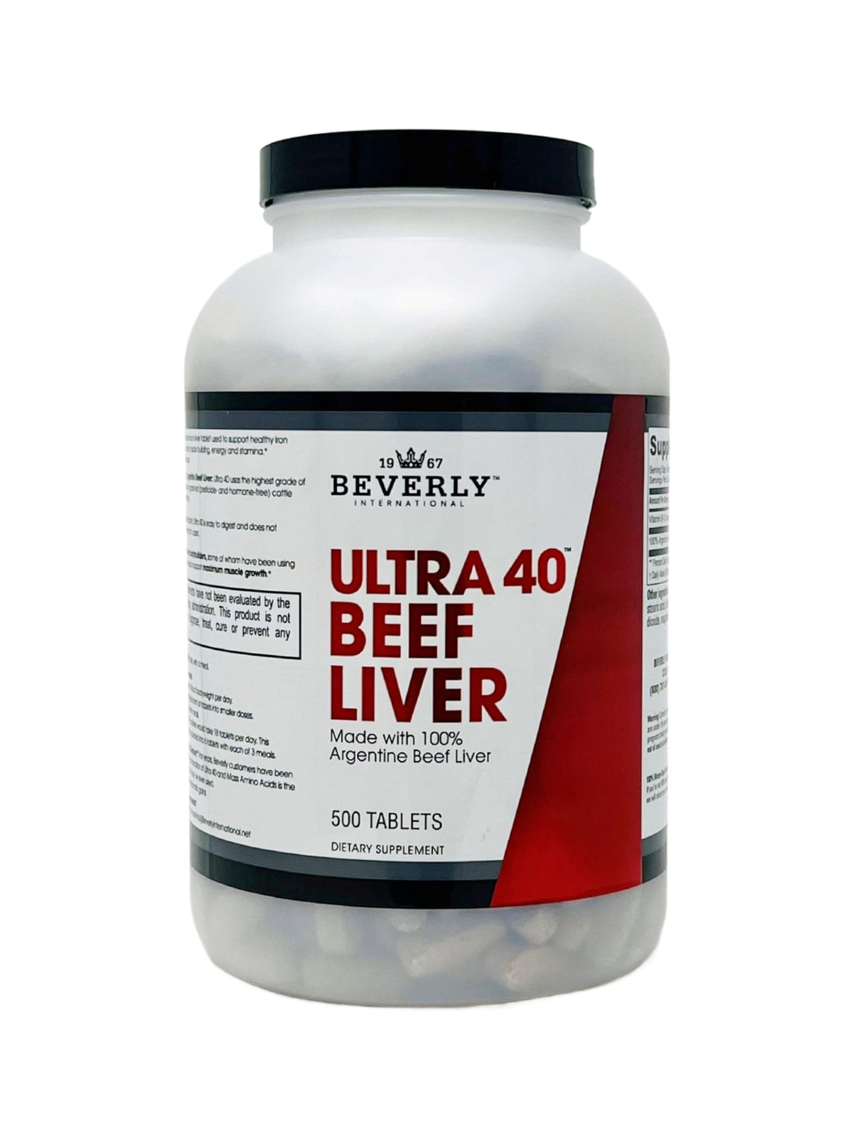 Beverly International Ultra 40 envase frontal mostrando tabletas y marca