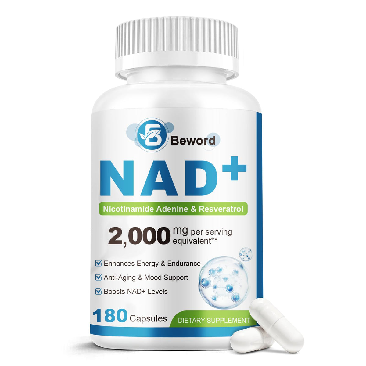 BEWORD frasco frontal de Liposomal NAD mostrando diseño y beneficio de alta concentración