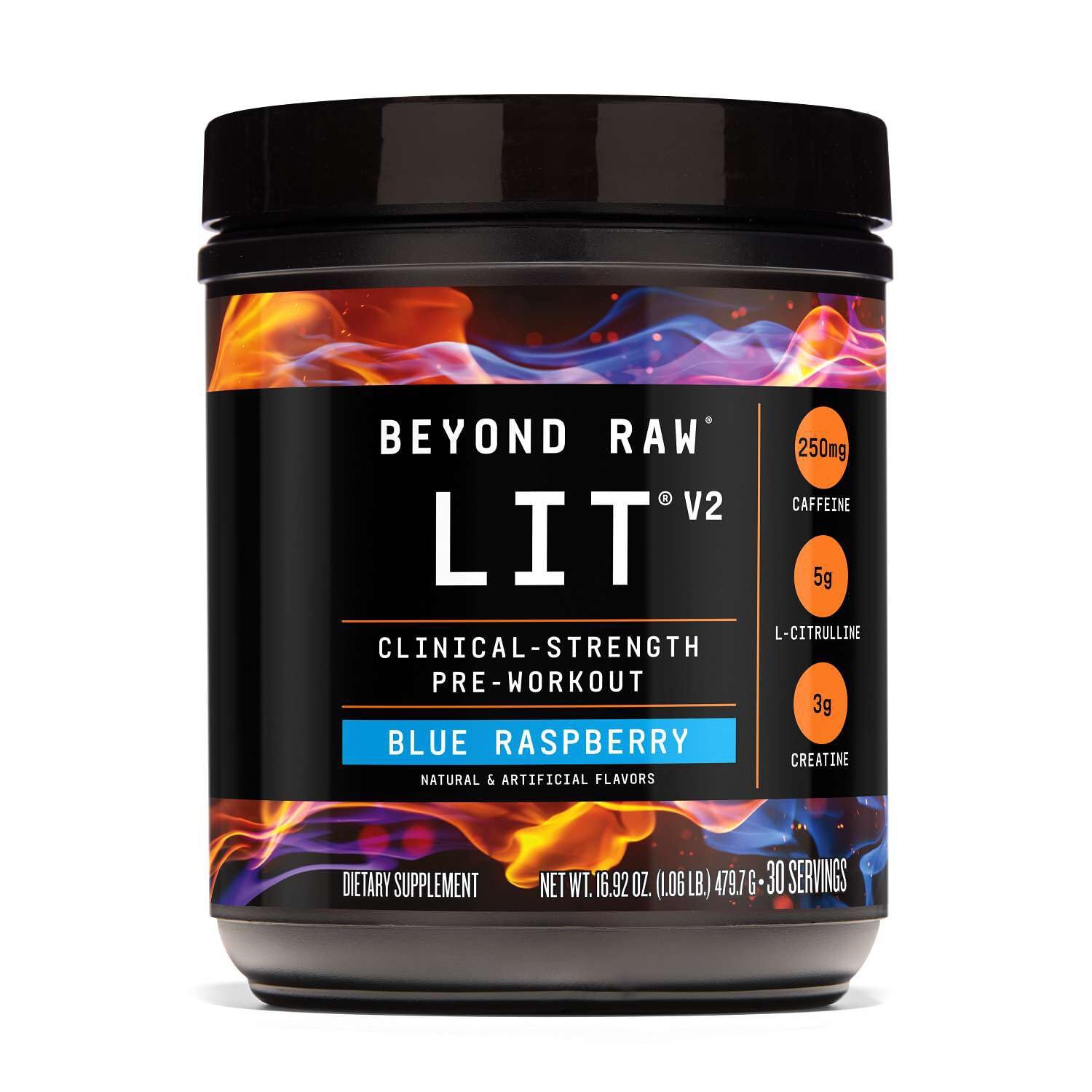 BEYOND RAW producto frontal mostrando etiqueta y beneficio energía intensa