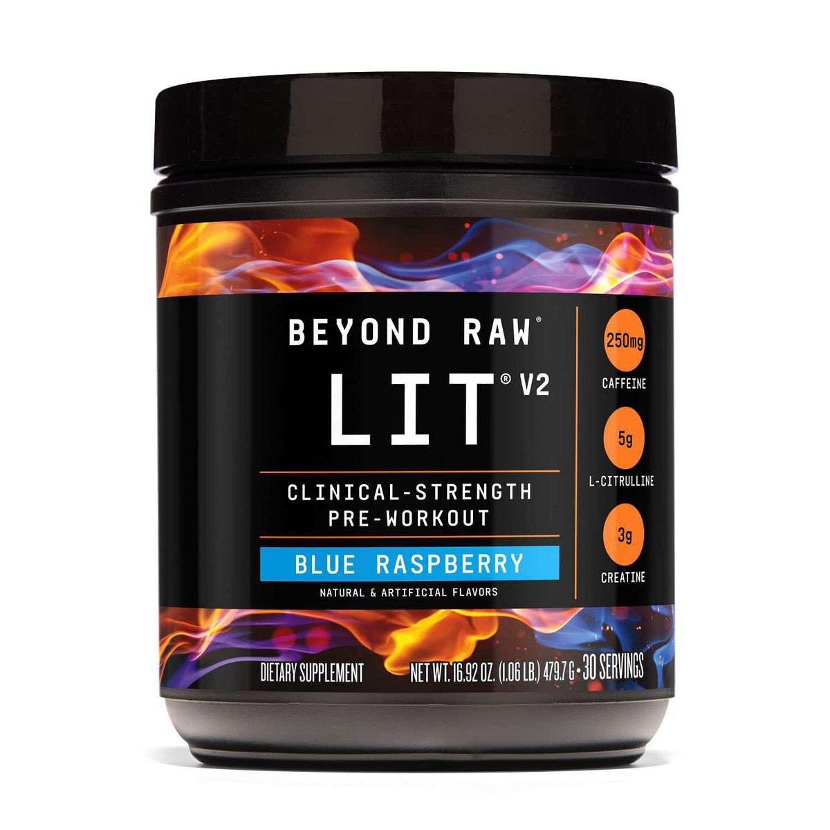 BEYOND RAW producto frontal mostrando etiqueta y beneficio energía intensa