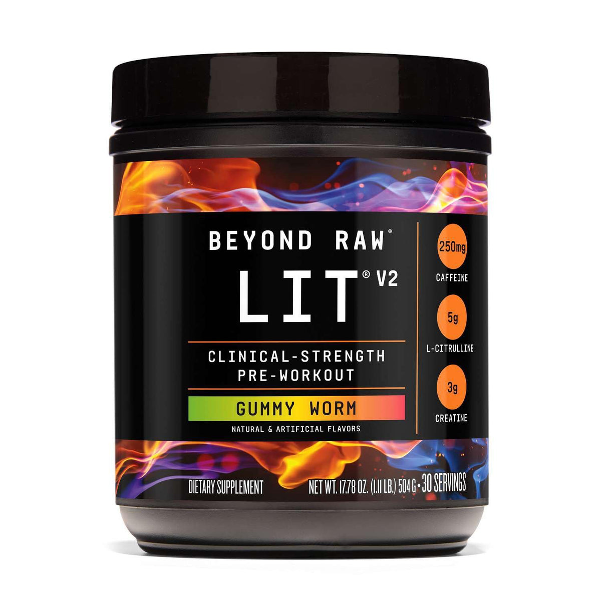 BEYOND RAW bote frontal mostrando diseño y sabor Gummy Worm beneficios visuales