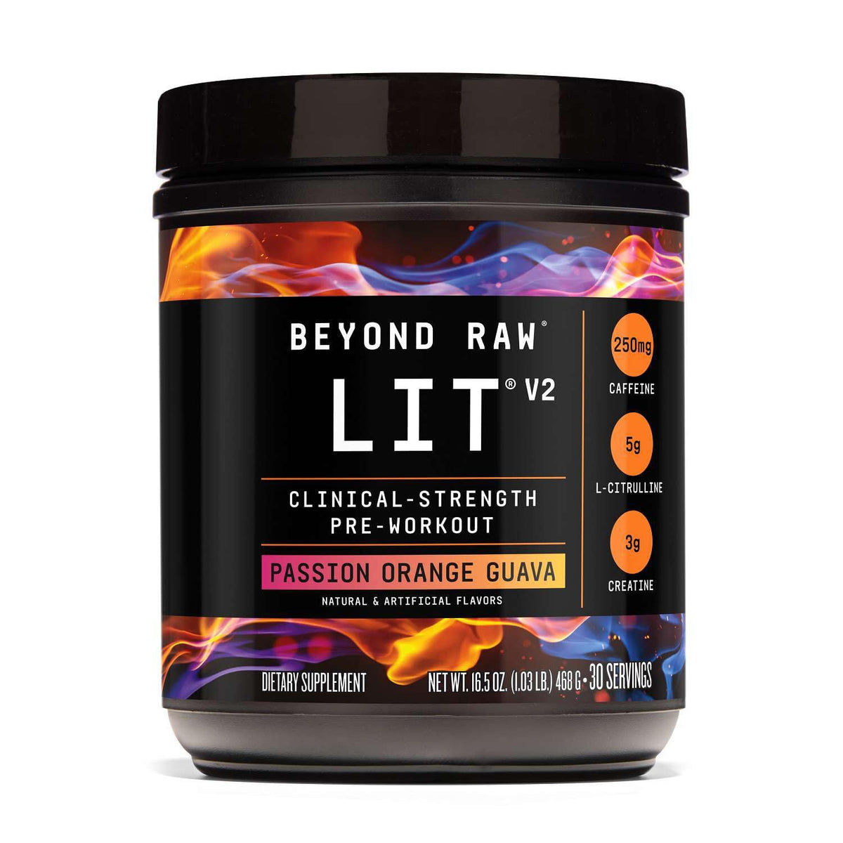 BEYOND RAW bote frontal mostrando etiqueta y beneficio de energía intensa