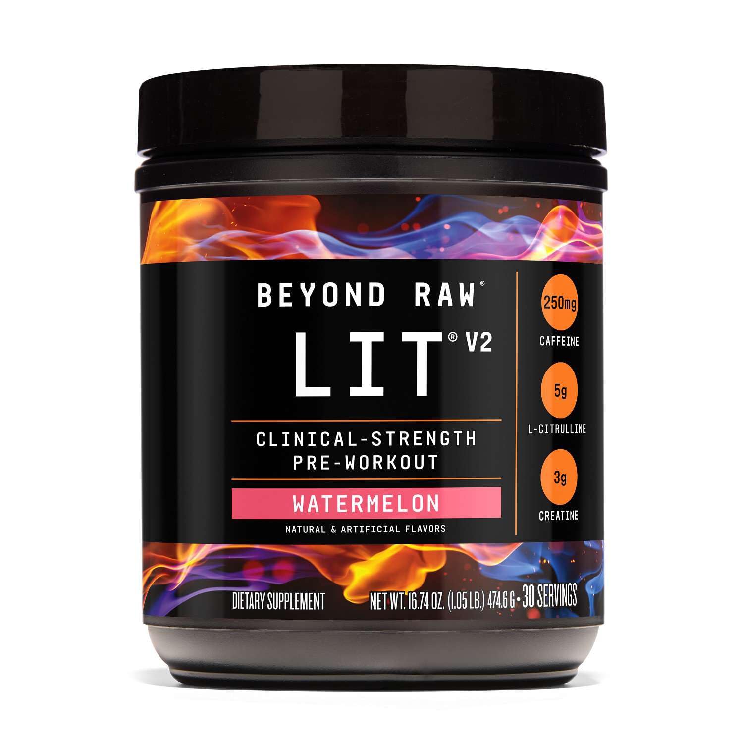 BEYOND RAW LIT V2 vista frontal, envase claro y diseño motivador