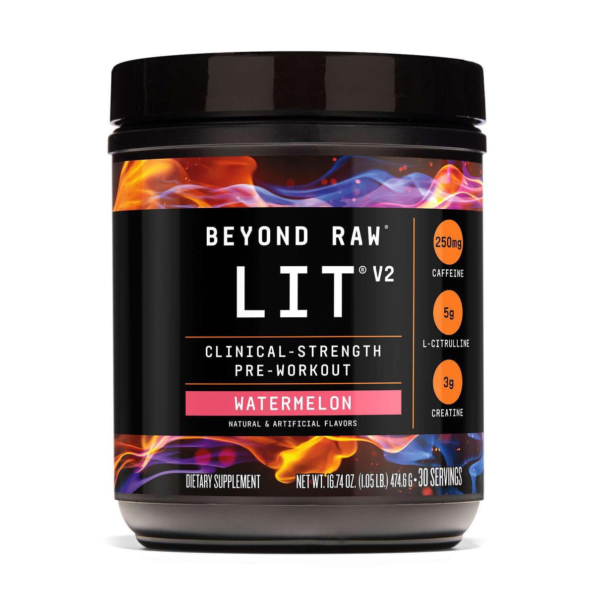 BEYOND RAW LIT V2 vista frontal, envase claro y diseño motivador