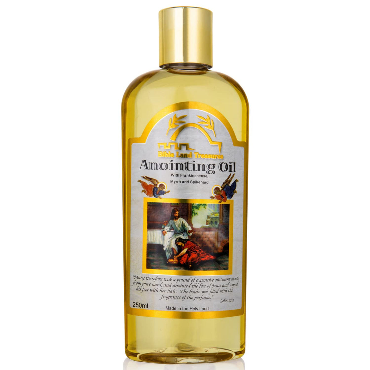 Bible Land Treasures botella frente mostrando etiqueta y capacidad 250 ml, aporta facilidad de uso