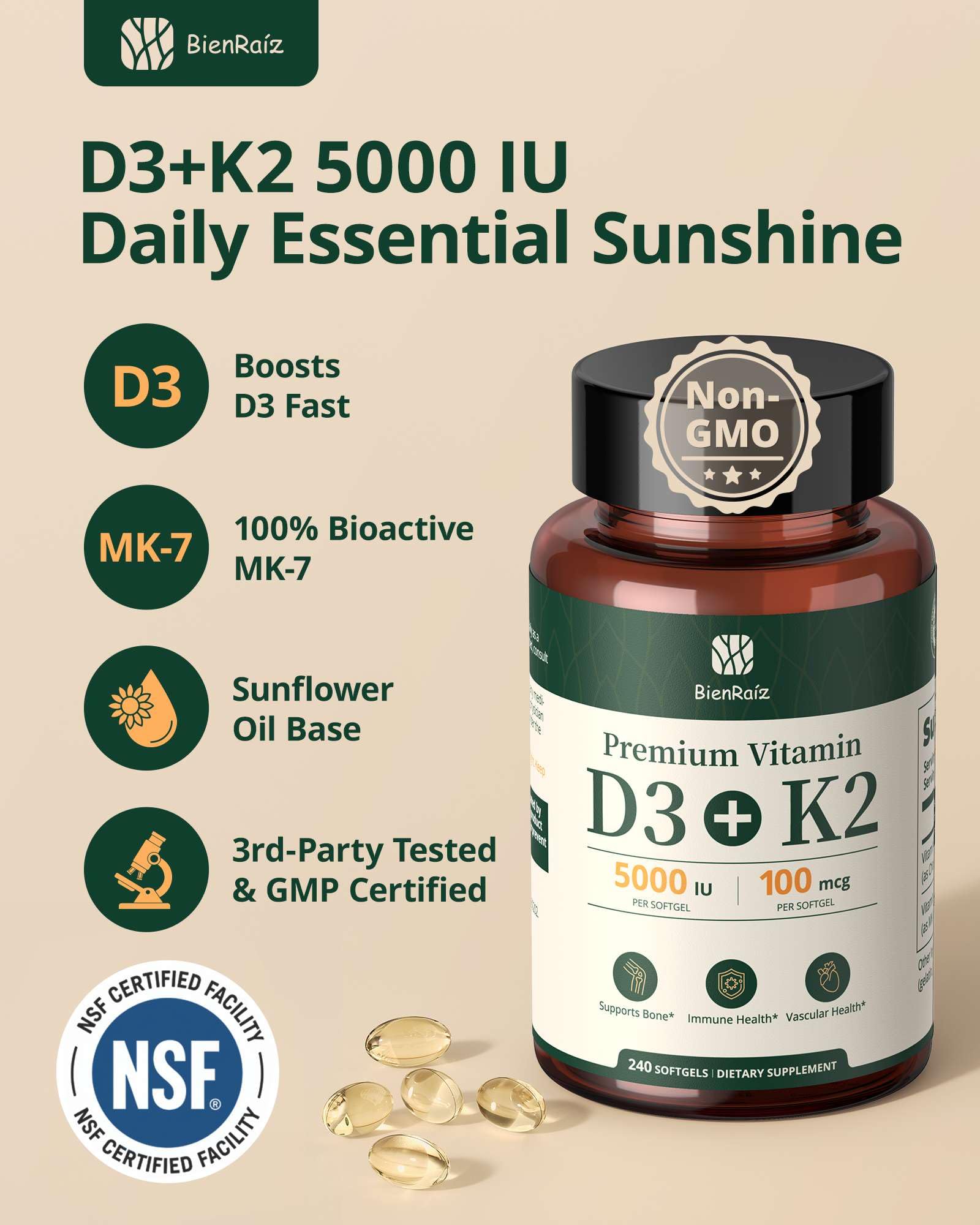 BienRaíz etiqueta en primer plano indicando D3 5000 IU y MK-7 100 mcg