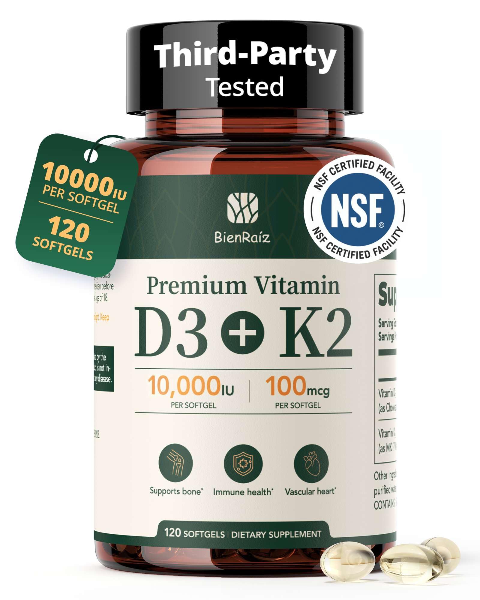BienRaíz frasco frontal mostrando 120 softgels y diseño de etiqueta claro