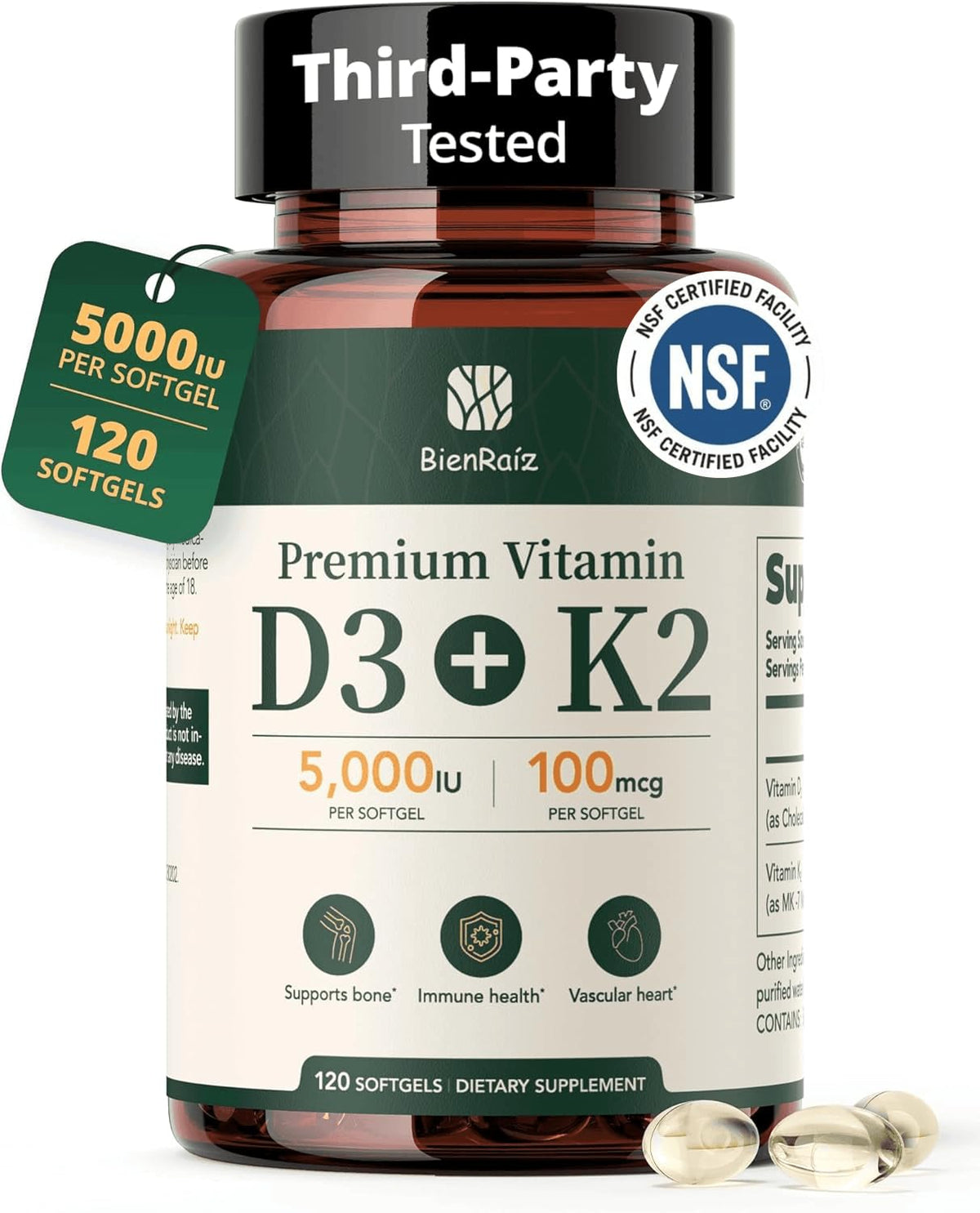 BienRaíz envase frontal mostrando 120 softgels y beneficio práctico