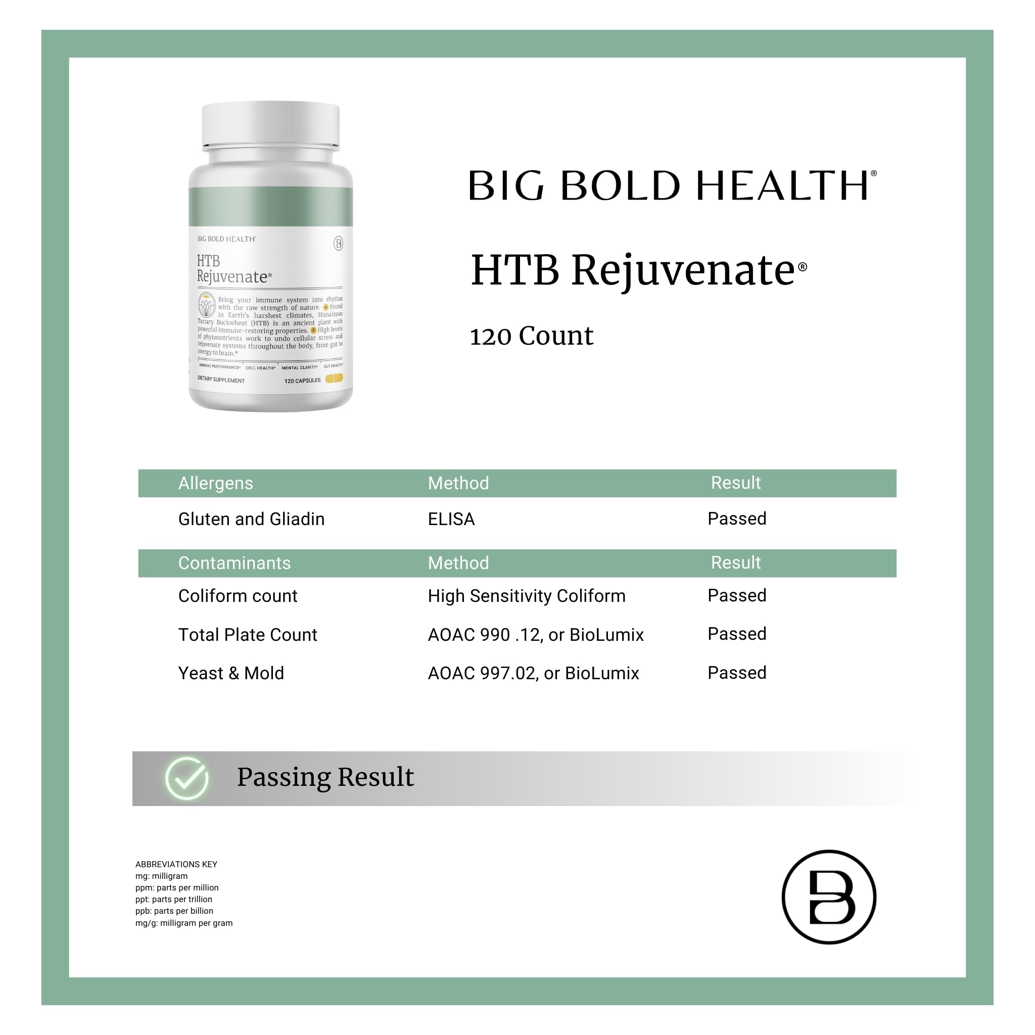 BIG BOLD HEALTH etiqueta con lista de ingredientes y calidad verificada