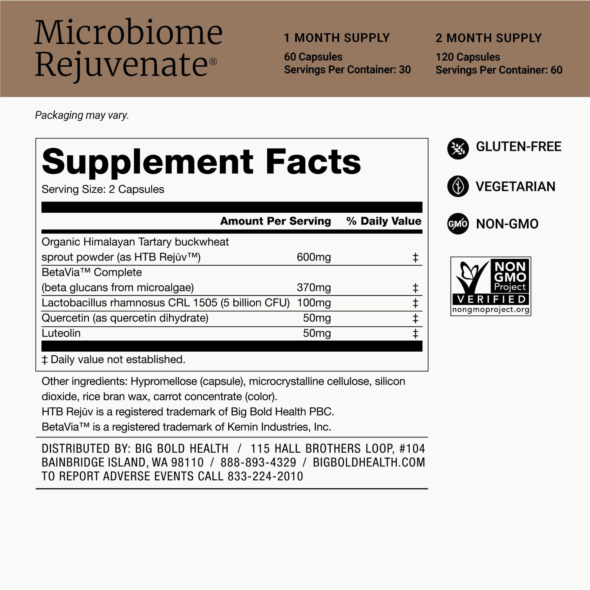 BIG BOLD HEALTH etiqueta de ingredientes destacando beta glucanos y probiótico