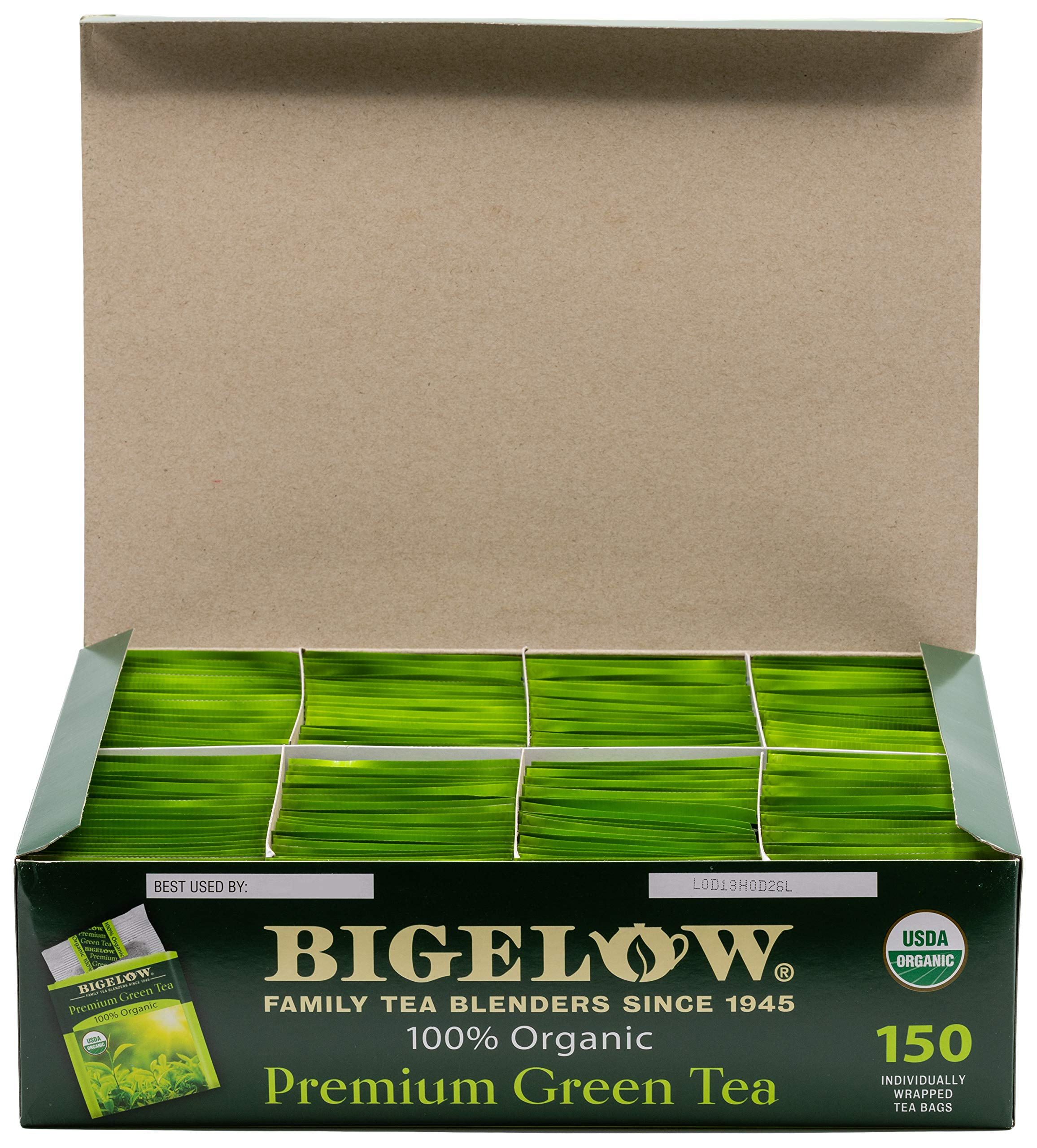 Bigelow Tea comparación de tamaño junto a una taza, beneficio: control de porciones