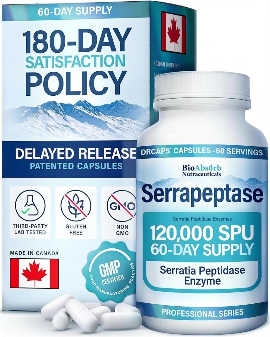 Bio Absorb serrapeptase vista frontal del frasco con etiqueta clara y beneficios