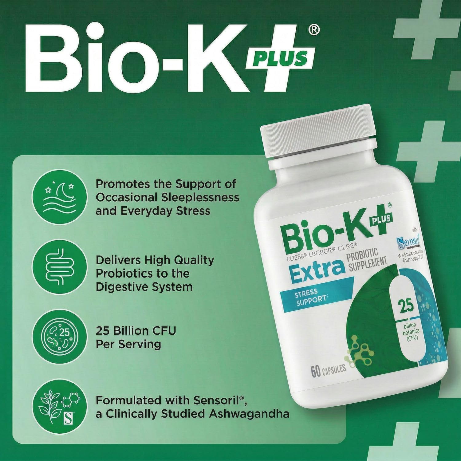 Bio-K Plus detalle de etiqueta destacando Sensoril® y 25B CFU
