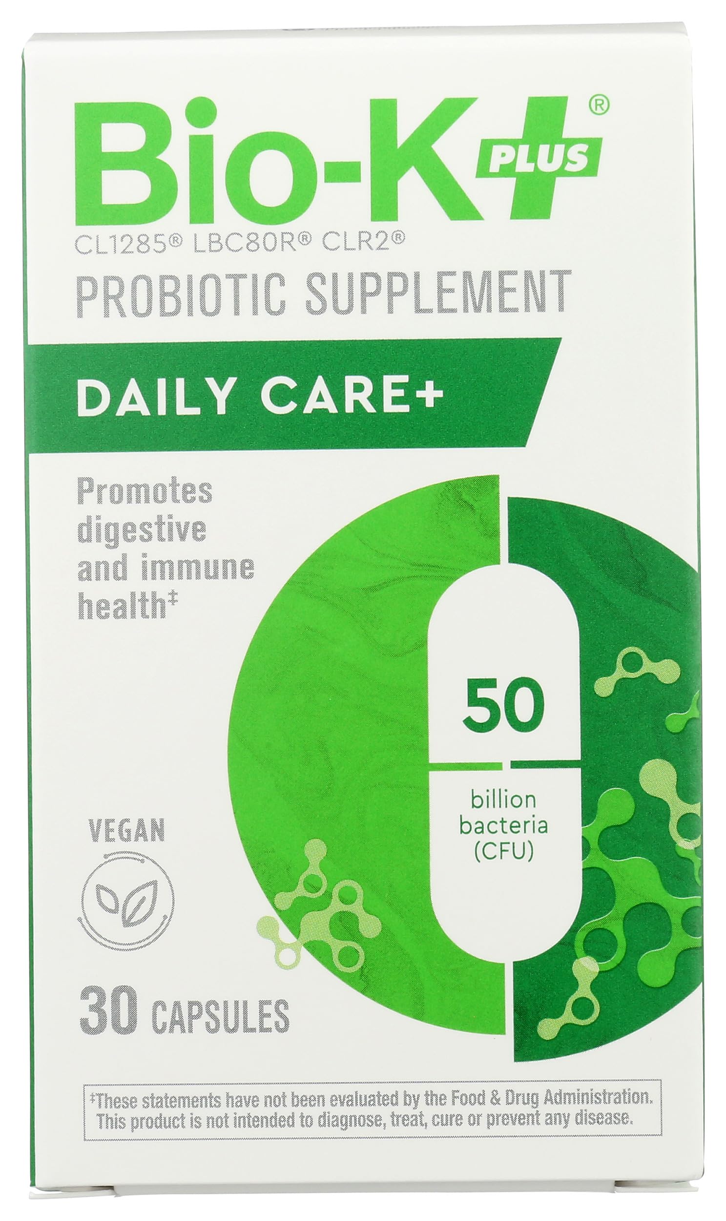 Bio-K Plus envase frontal mostrando 30 cápsulas y beneficios veganos