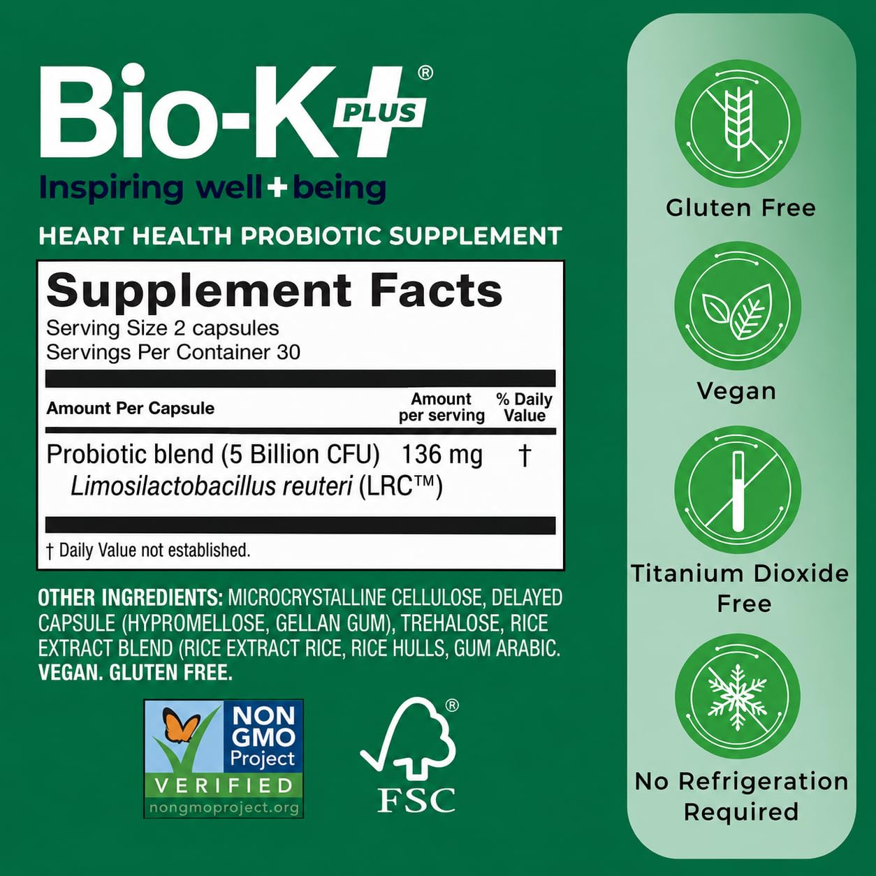 Bio-K Plus etiqueta con L. reuteri LRC y certificaciones veganas claras