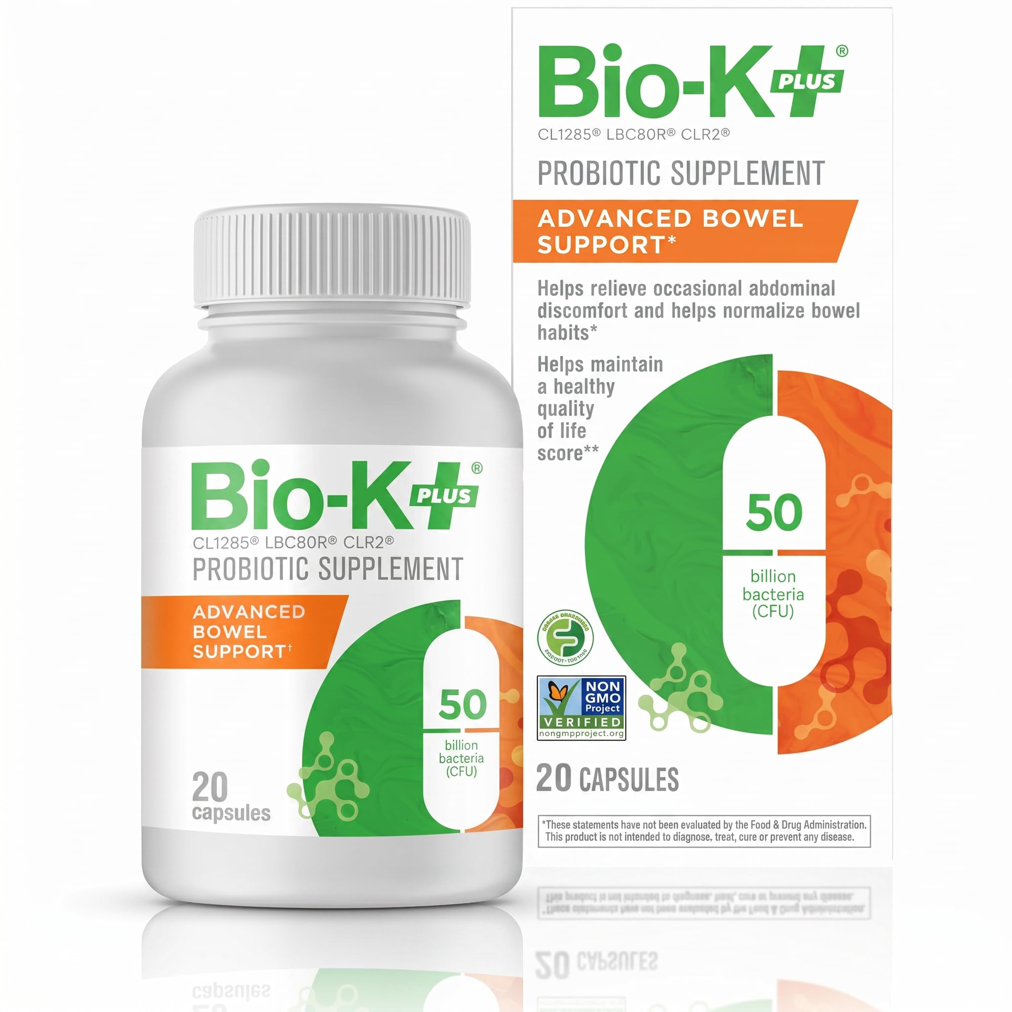 Bio-K+ frente del empaque mostrando 20 cápsulas y beneficios claros