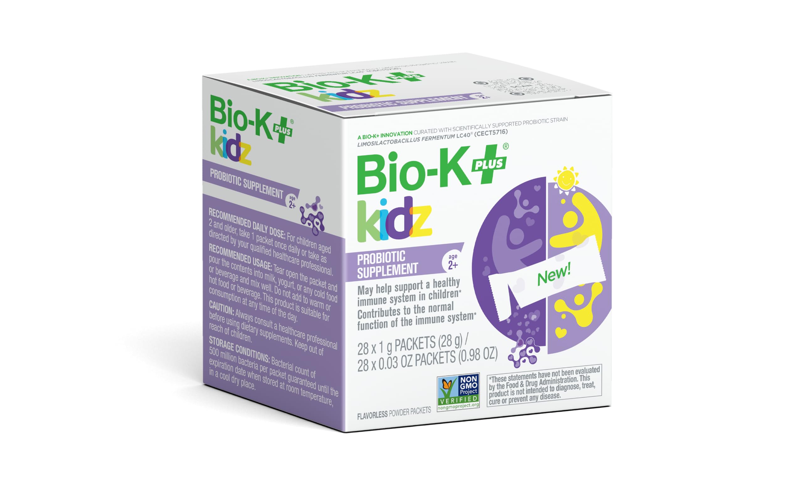 Bio-K Plus frente del paquete mostrando 28 sobres y beneficio de conveniencia