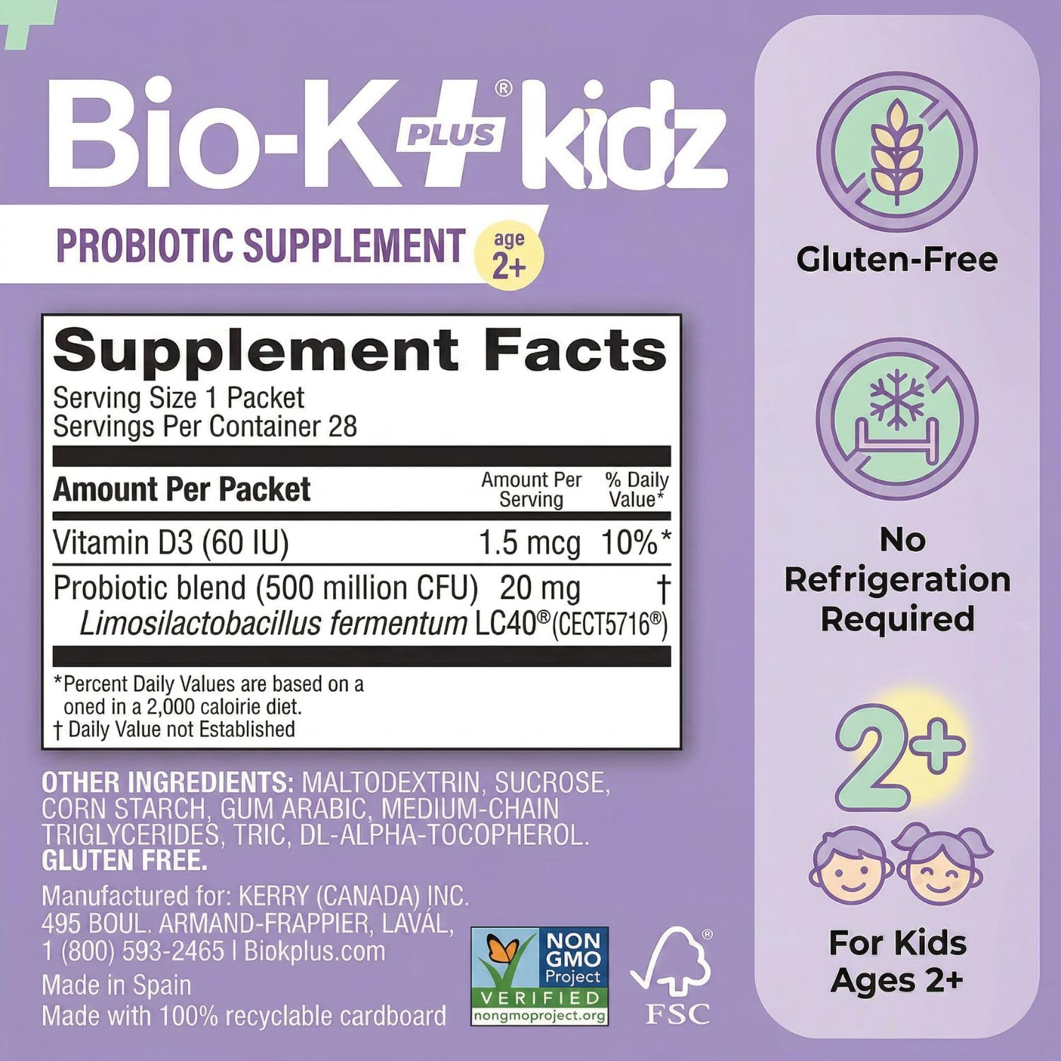 Bio-K Plus etiqueta de ingredientes resaltando formulación sin gluten