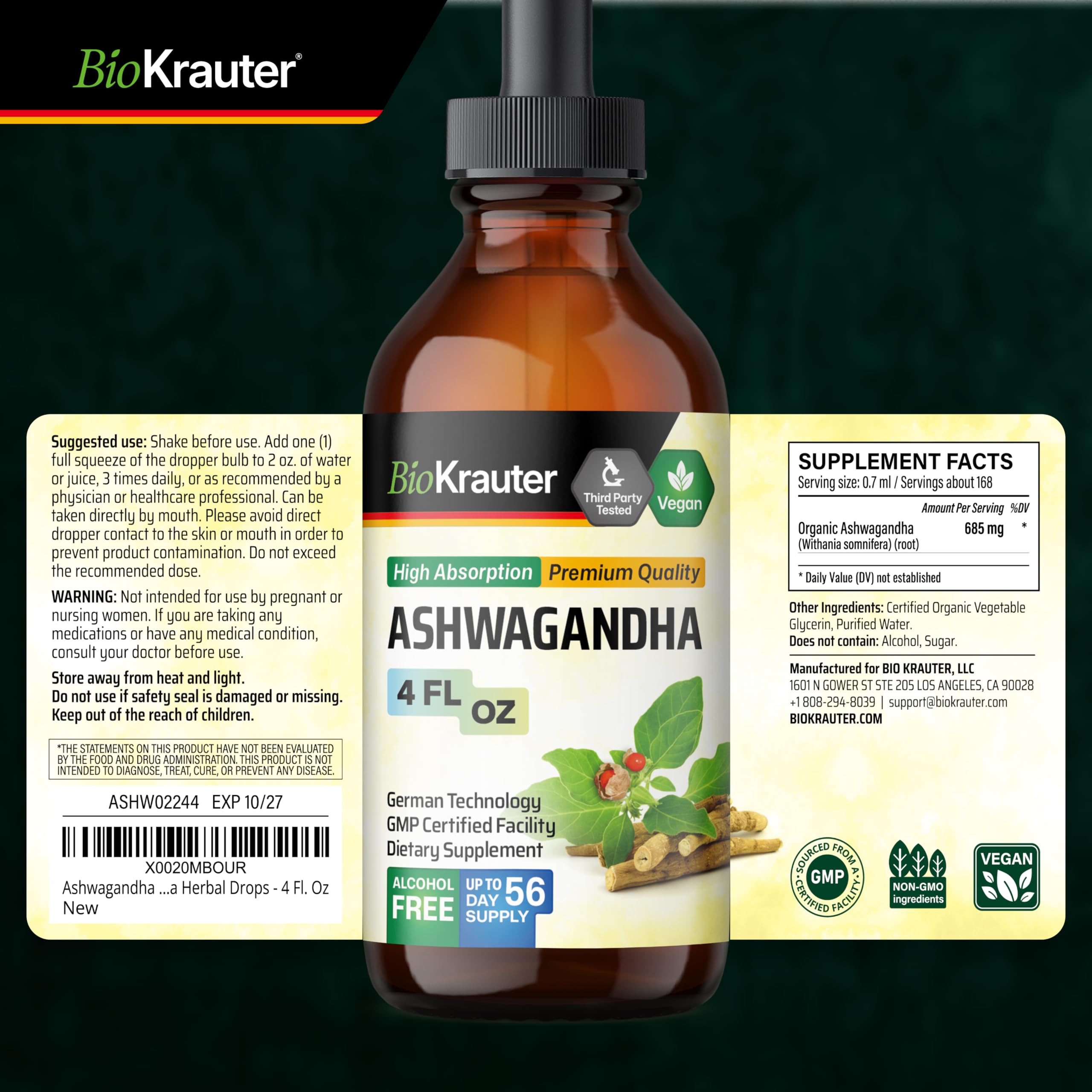 BIO KRAUTER empaque lateral con instrucciones y símbolo vegano