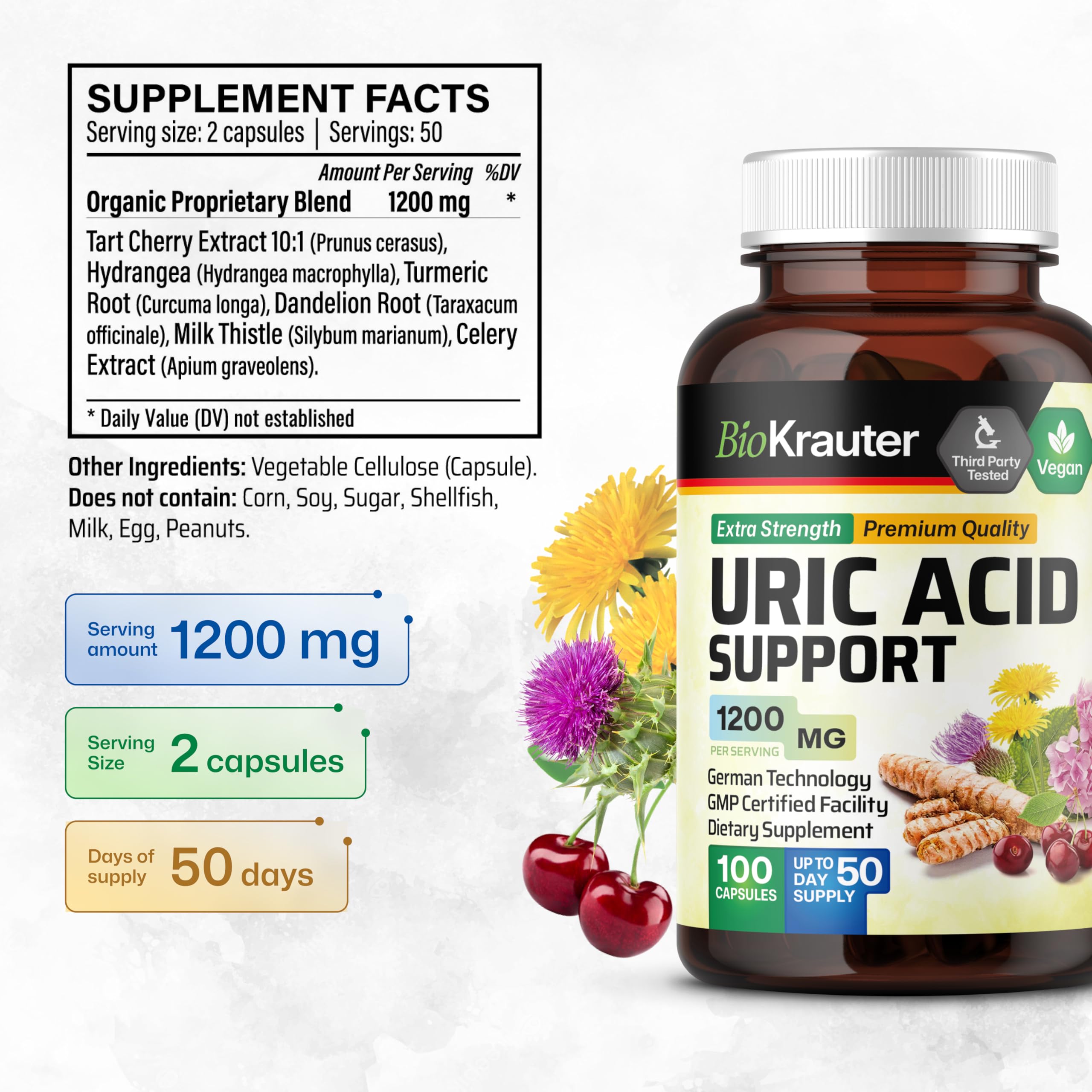 Etiqueta de BIO KRAUTER con lista de ingredientes naturales y concentraciones por cápsula