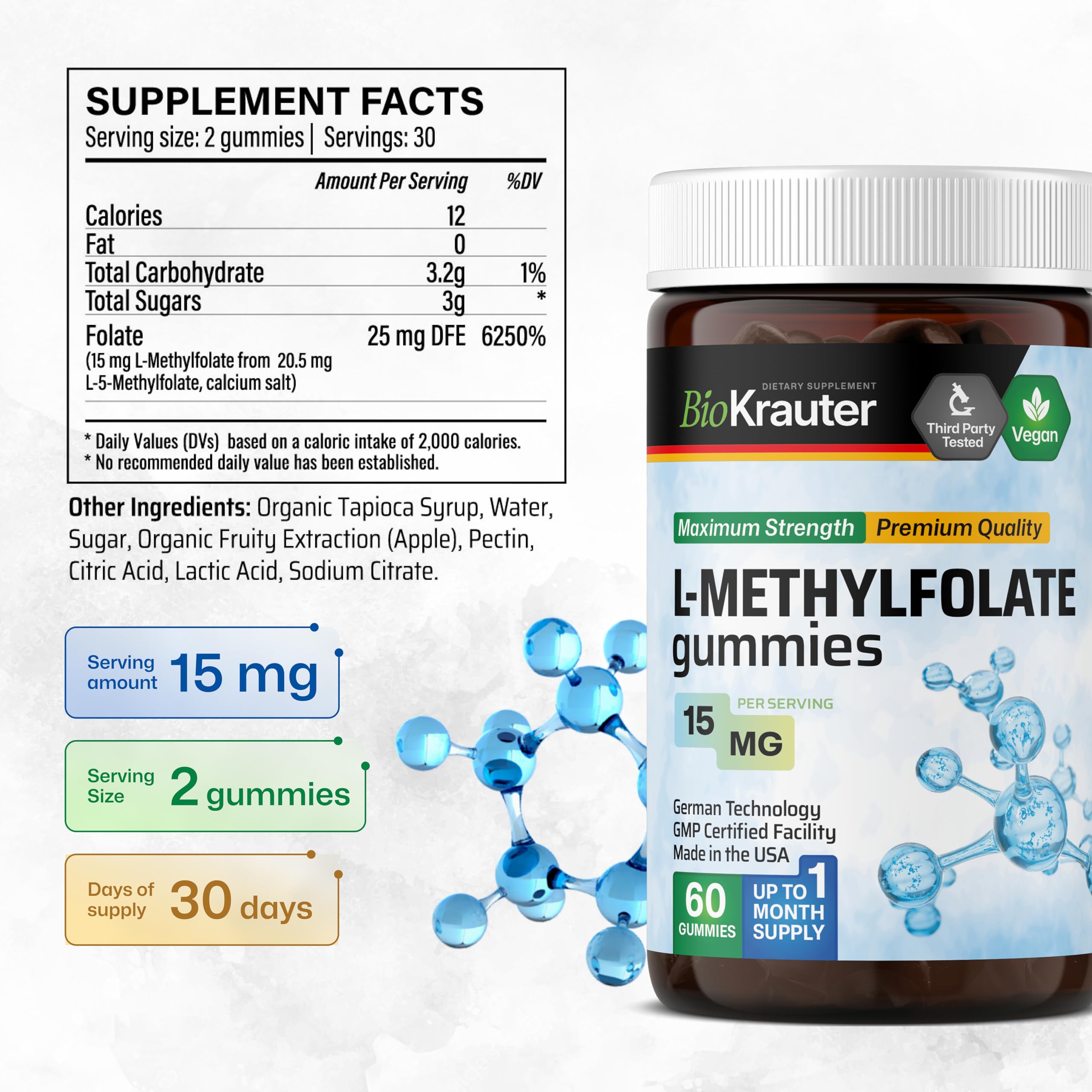 BIO KRAUTER etiqueta nutricional en primer plano mostrando la dosificación de 250 mg