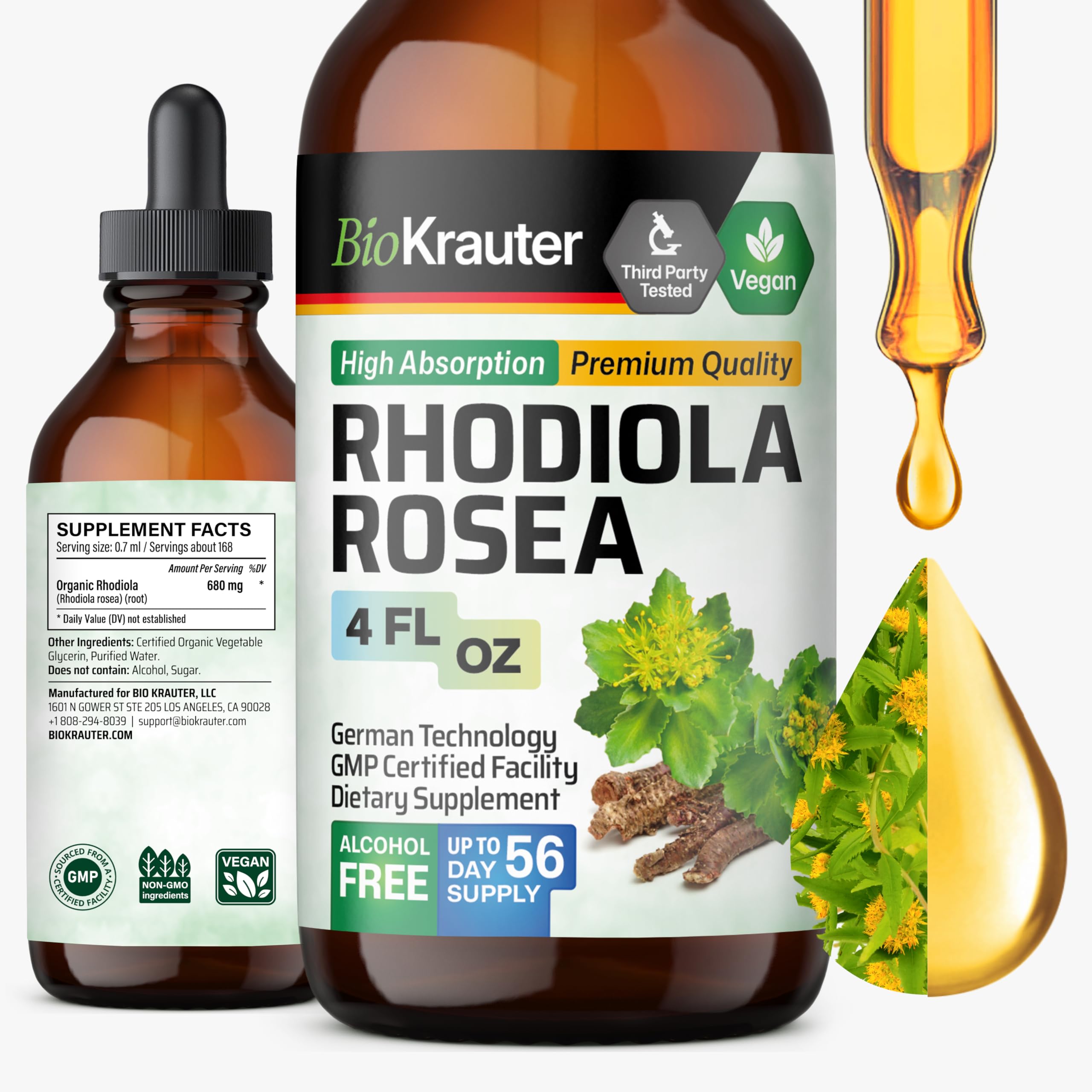 BIO KRAUTER frasco frontal de gotas Rhodiola beneficia calma instantánea