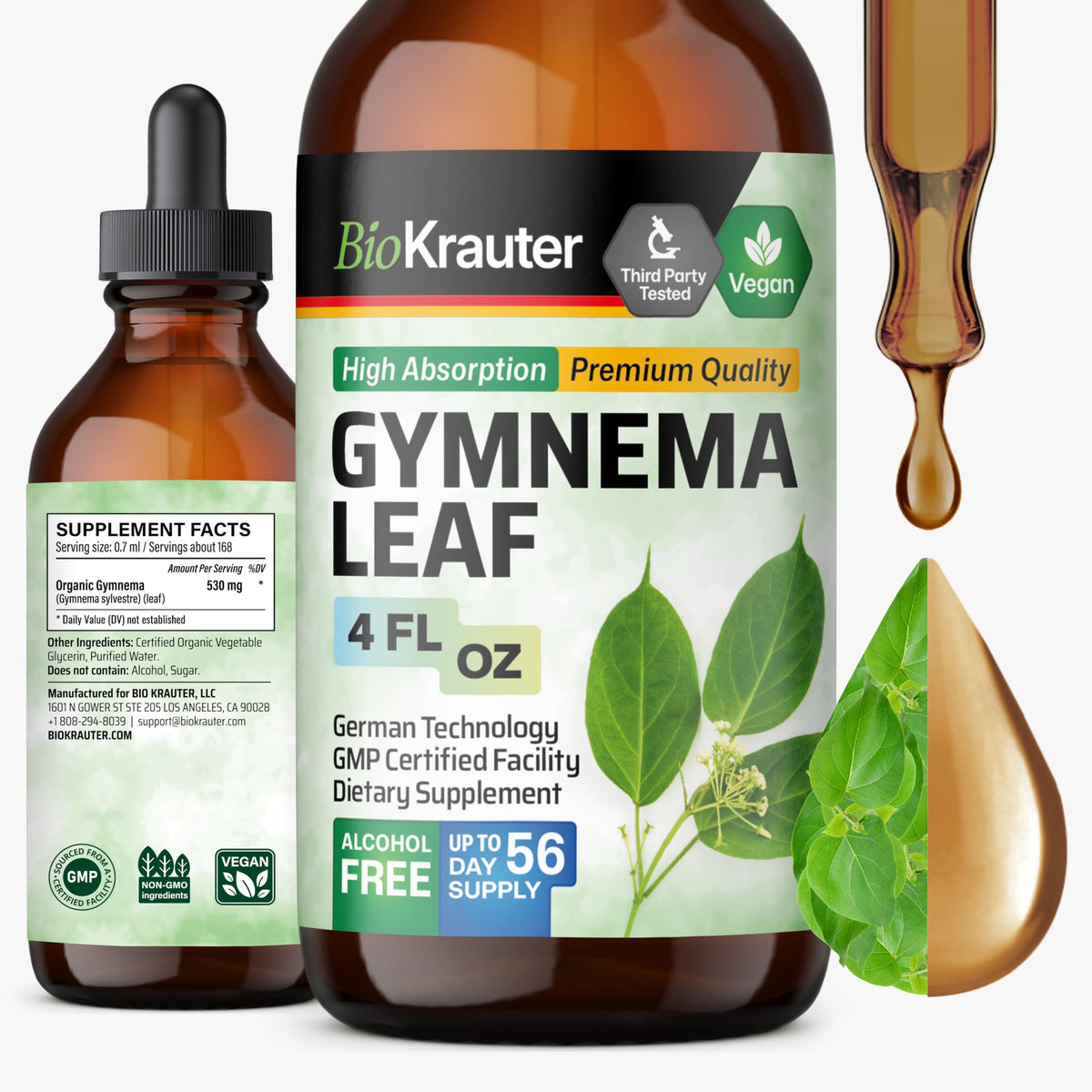 Frasco frontal BIO KRAUTER Gymnema Sylvestre mostrando etiqueta clara y beneficio vegano