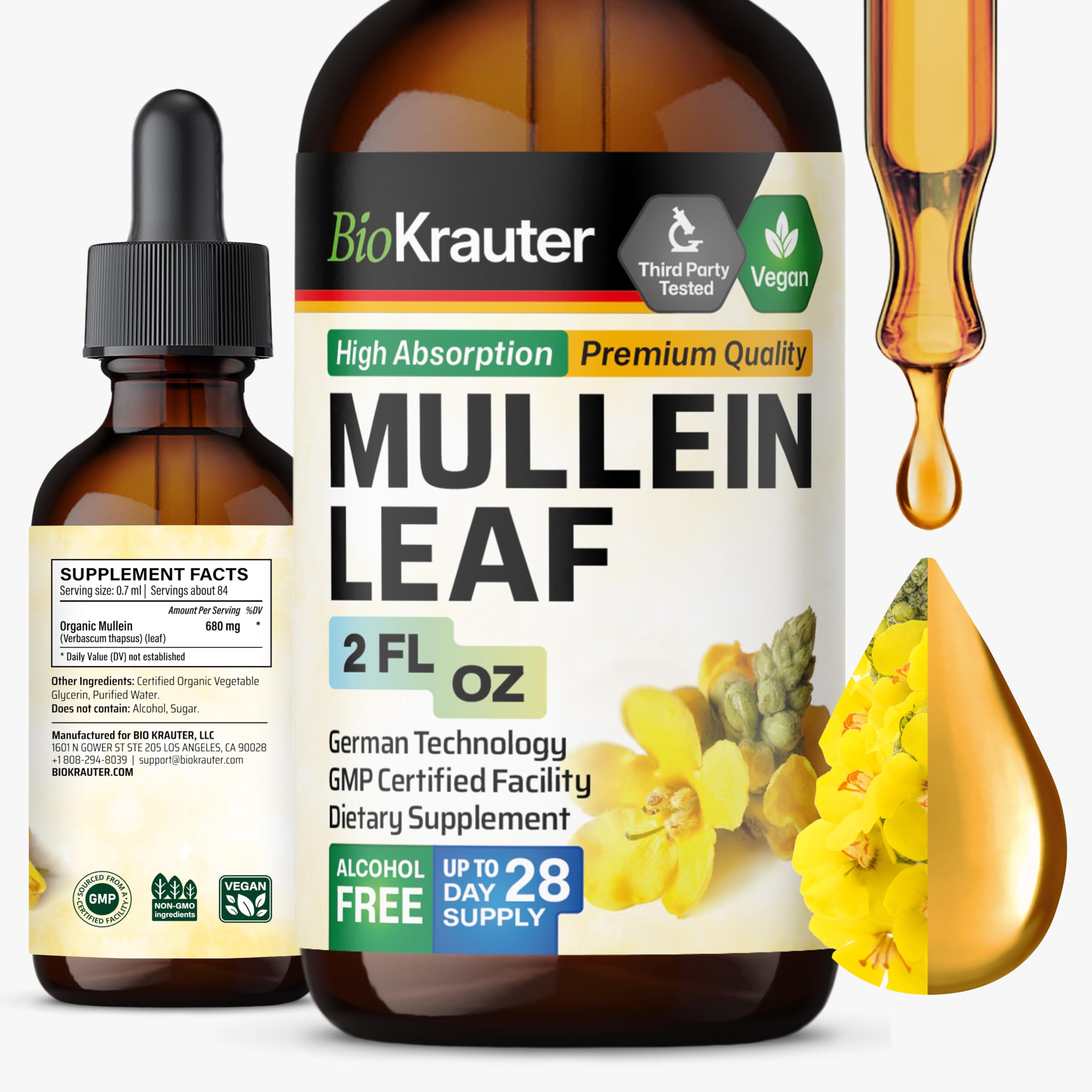 BIO KRAUTER envase frontal de mullein, diseño claro y beneficio de pureza