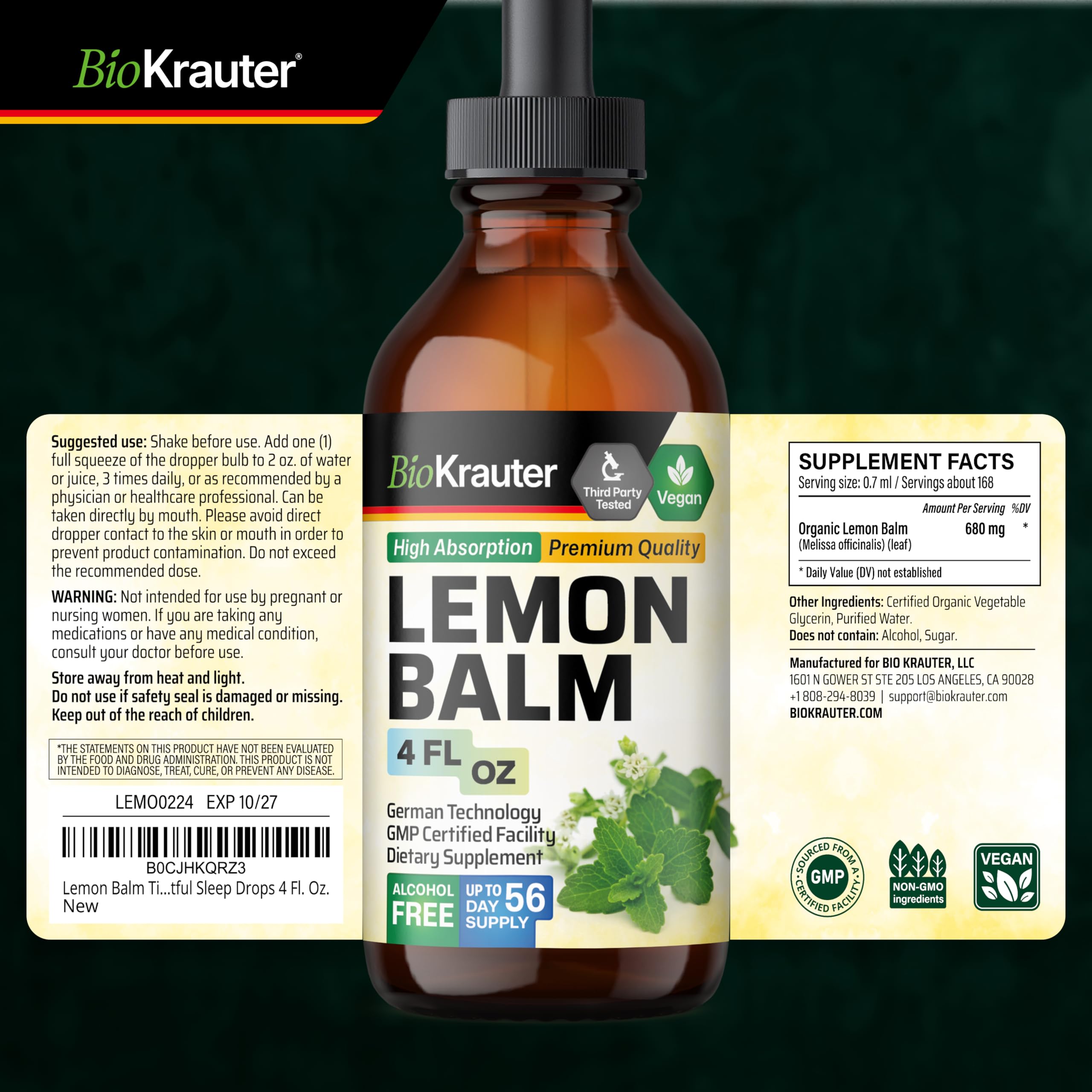 BIO KRAUTER agua, glicerina y hojas de melisa mostrando pureza
