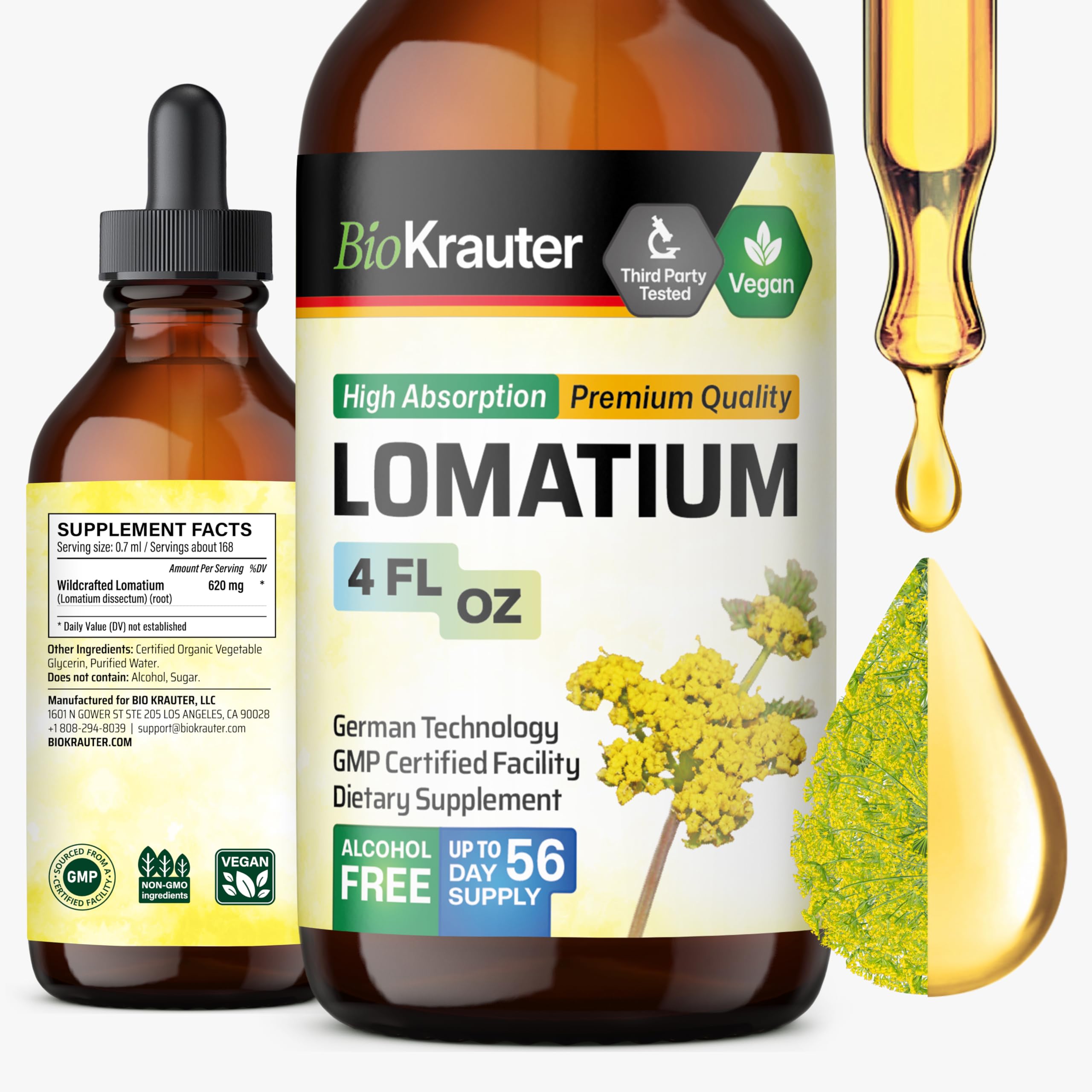 BIO KRAUTER frente del empaque mostrando formato 4 fl oz y beneficios veganos