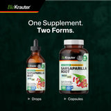 Raíz de sarsaparilla natural junto a botella Bio Krauter mostrando origen