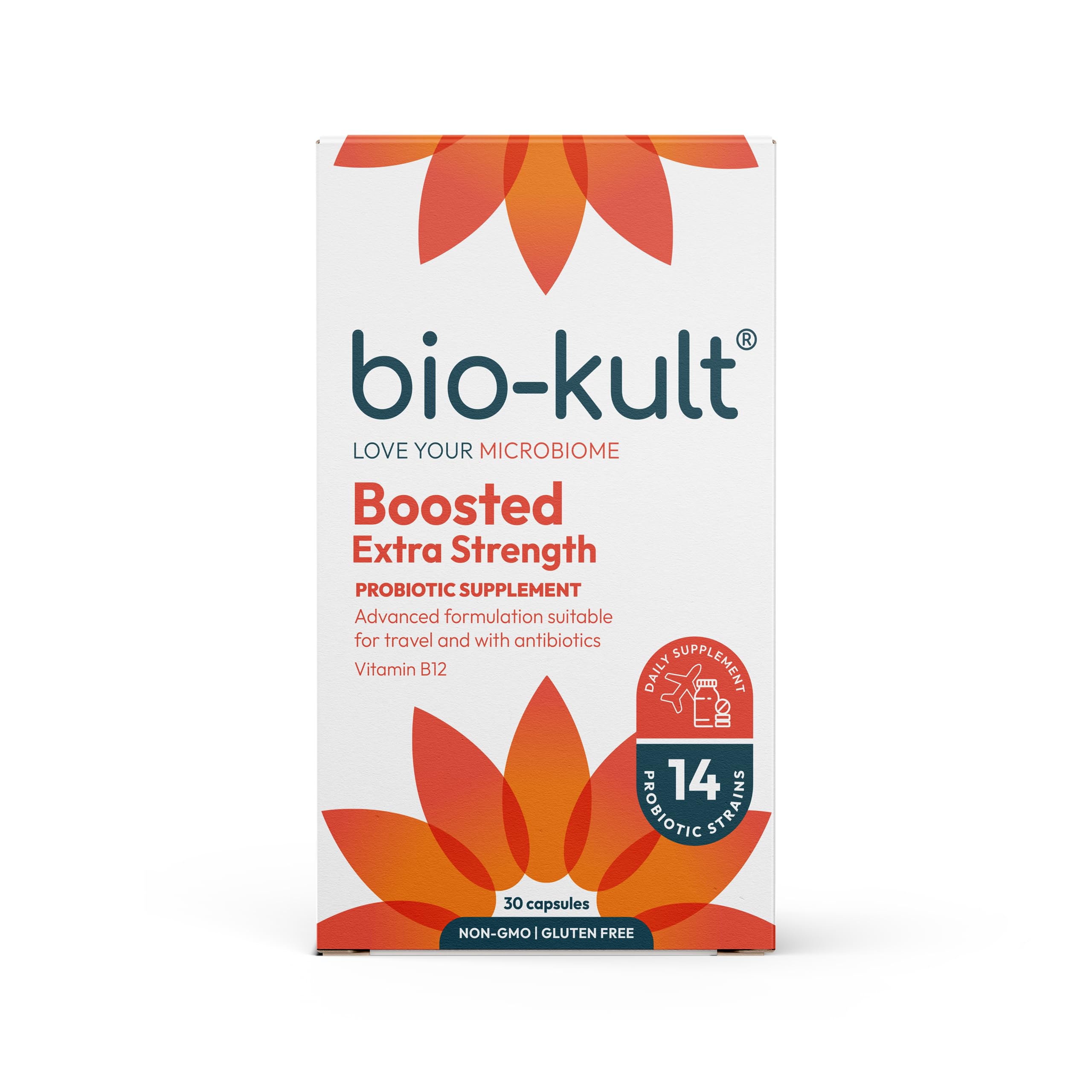 Bio-Kult Boosted frente del envase mostrando presentación y 30 cápsulas beneficios digestivos