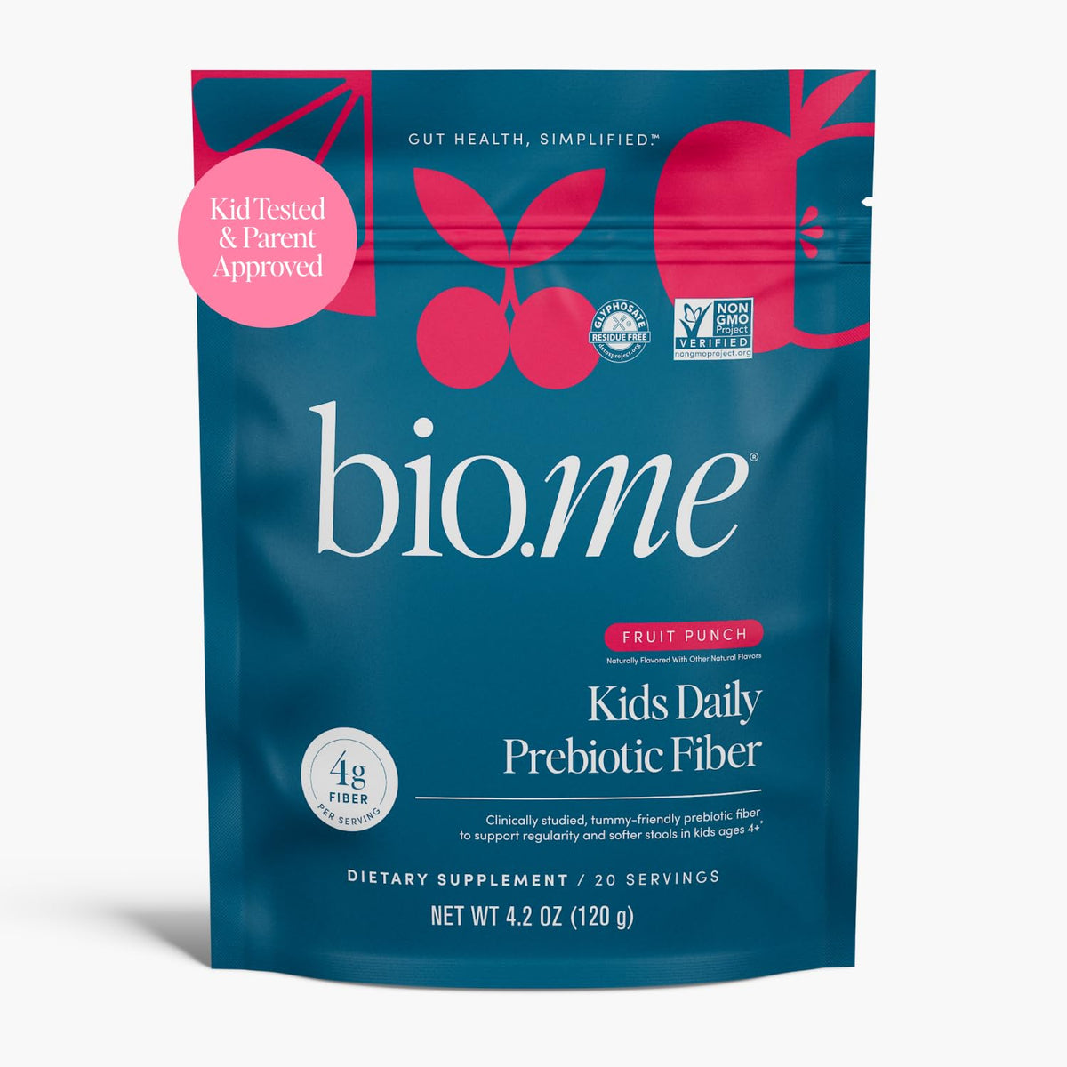 Bio.me envase frontal del producto mostrando sabor Fruit Punch y beneficio de digestión