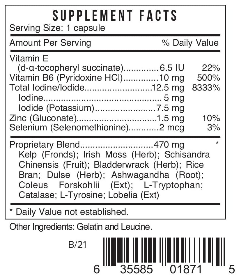 Bio Nutrient etiqueta con lista de ingredientes y equilibrio de ioduro e iodo