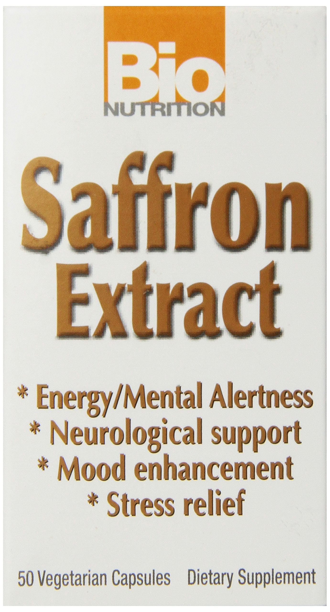 Bio Nutrition frasco frontal de Saffron Vegi-Caps mostrando etiqueta clara y dosis