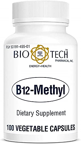 Botella de Bio-Tech Pharmacal B12 Methyl en una encimera de cocina junto a alimentos saludables
