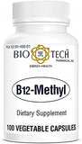 Botella de Bio-Tech Pharmacal B12 Methyl en una encimera de cocina junto a alimentos saludables
