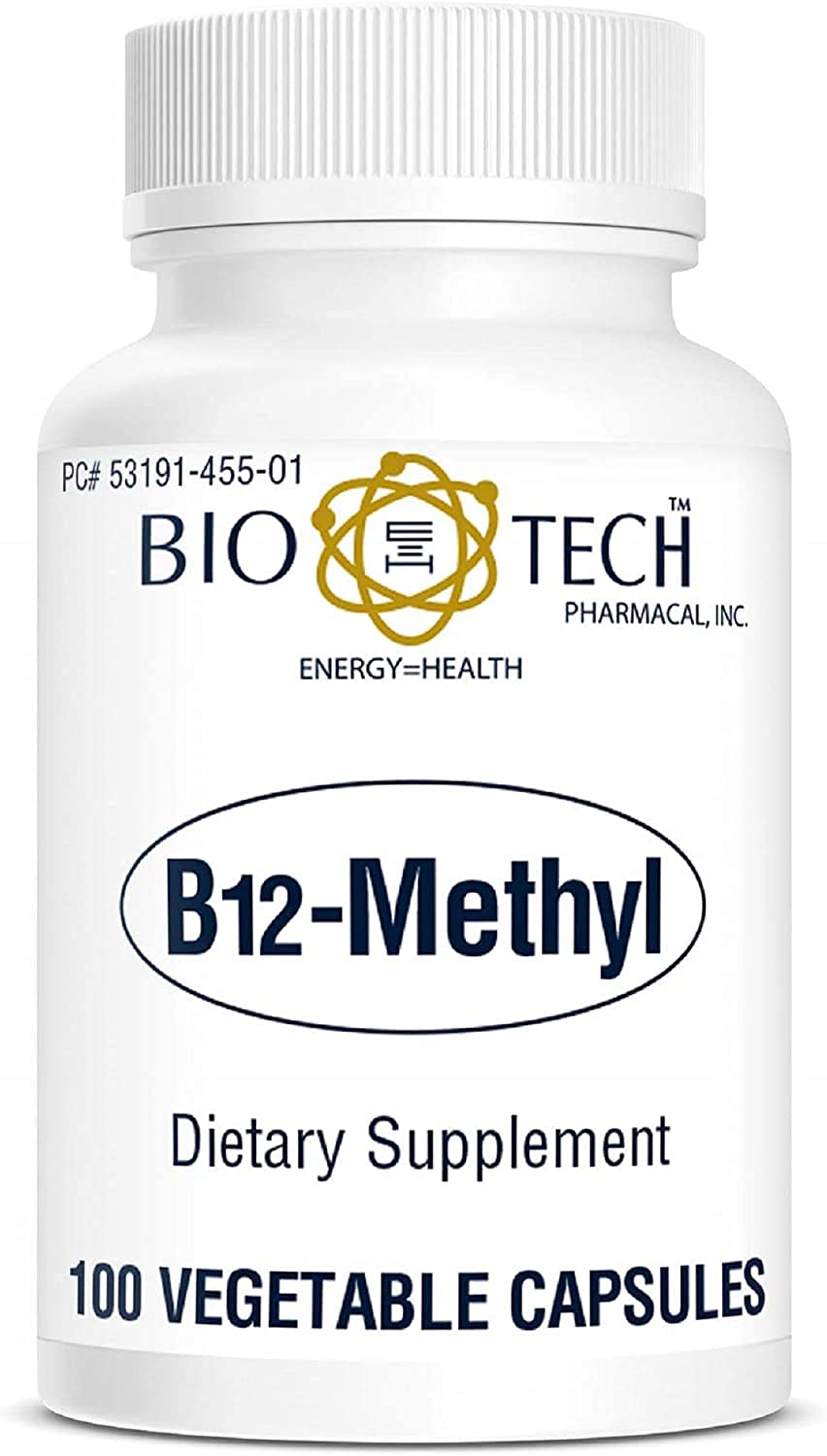 Bio-Tech Pharmacal frasco frontal de B12 Methyl mostrando presentación y beneficio práctico