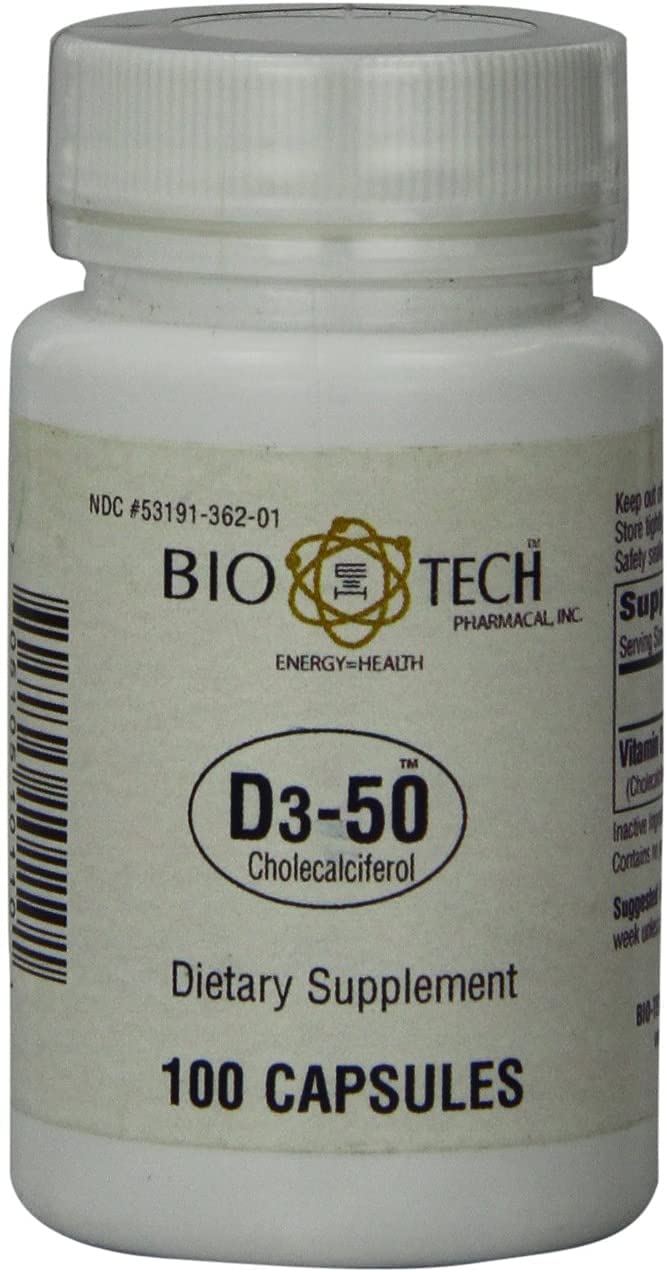 Bio-Tech Pharmacal frasco D3-50 frente, destaca pureza y dosis alta