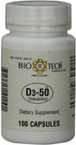Bio-Tech Pharmacal frasco D3-50 frente, destaca pureza y dosis alta