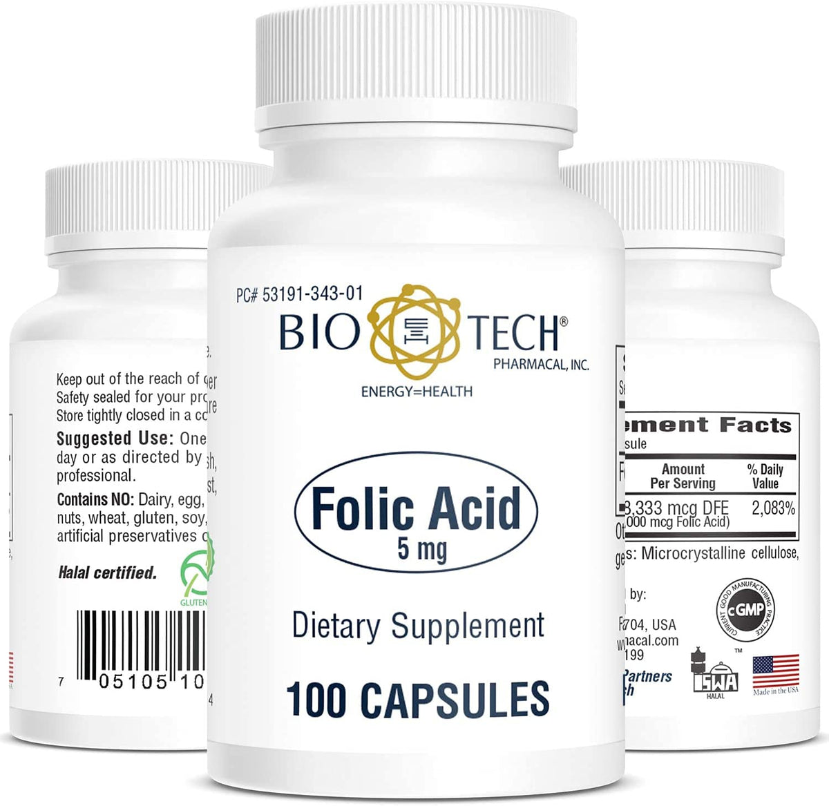 Bio-Tech Pharmacal frasco delantero mostrando etiqueta y dosis 5 mg, facilidad de uso