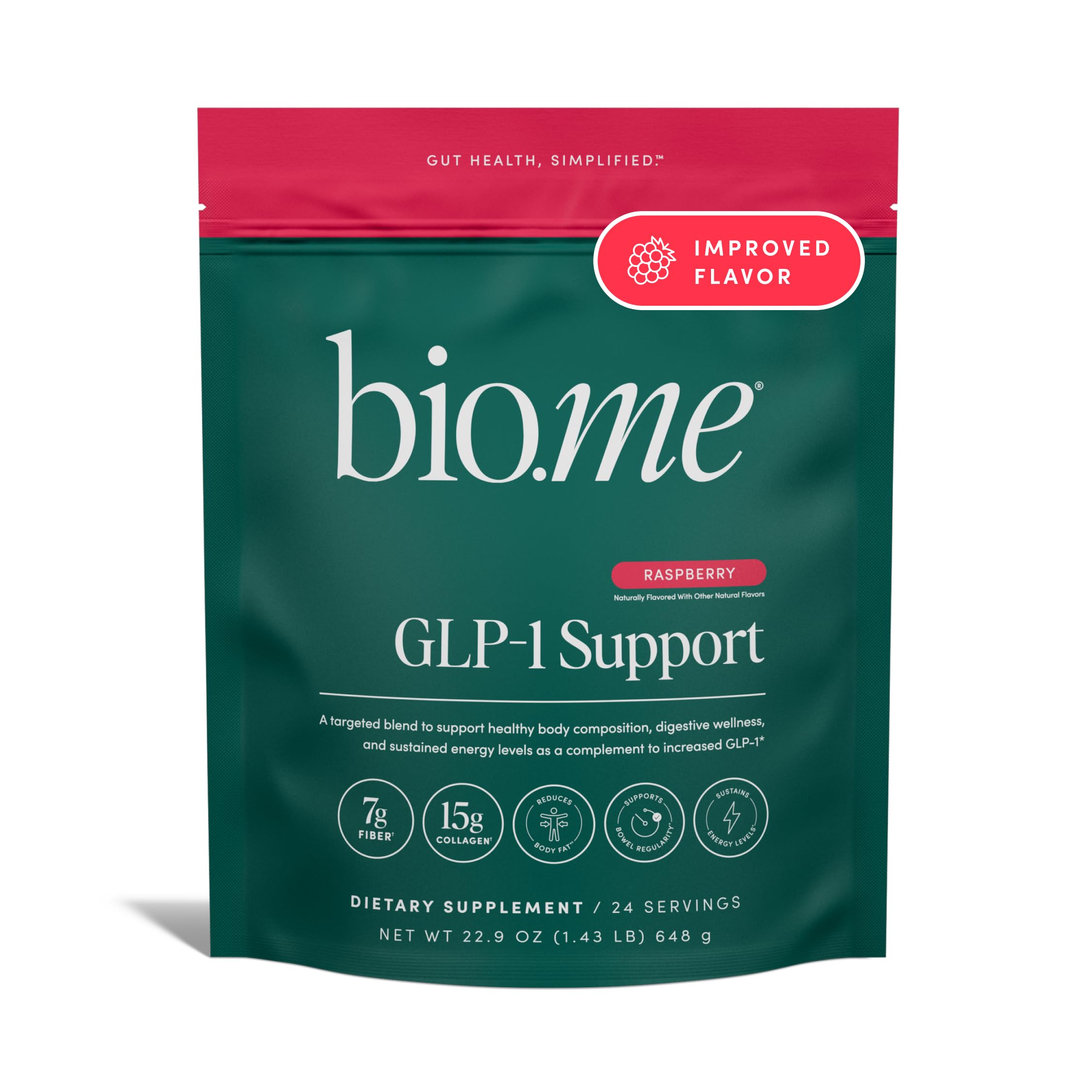 Bio.me envase frontal GLP-1 Support frambuesa mostrando información clara