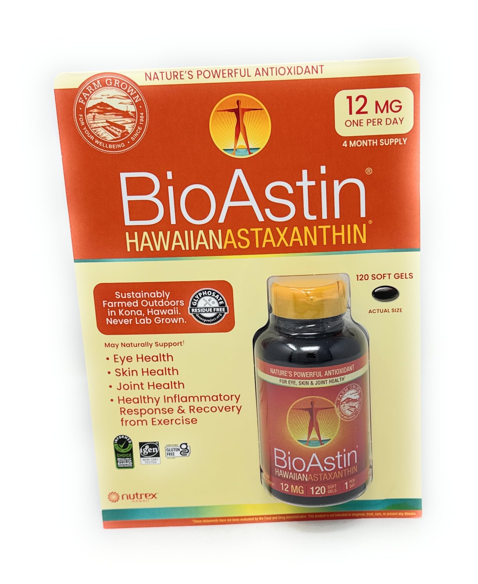 BioAstin frasco delantero mostrando 120 gel caps y marca para almacenamiento prolongado