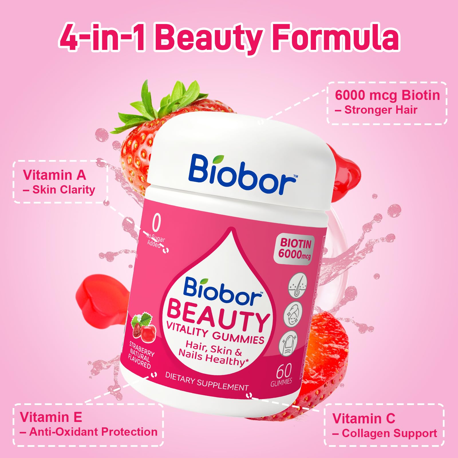 Biobor vista del frasco abierto con 60 gomitas, conveniencia para un mes de uso