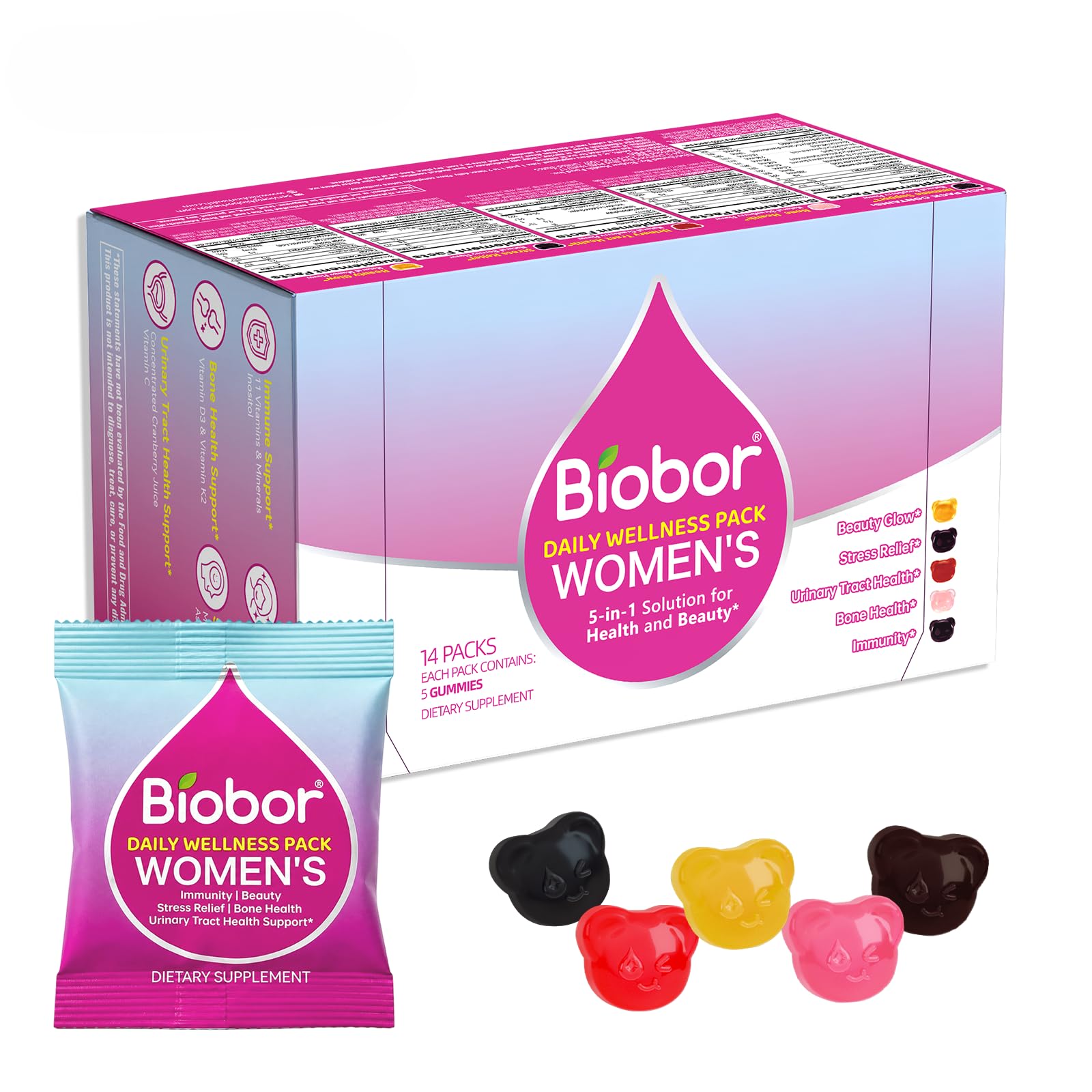 Biobor pack frontal mostrando las cinco gomitas y beneficios diarios