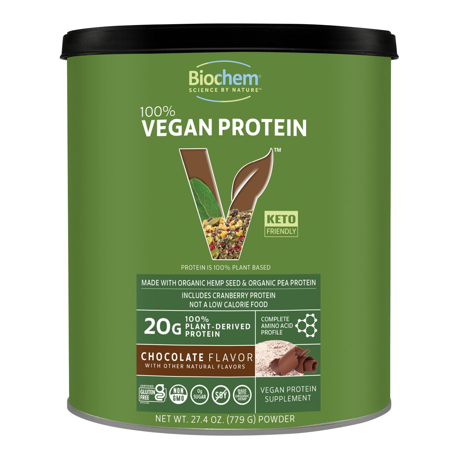 Biochem frente del empaque chocolate mostrando tamaño y beneficios